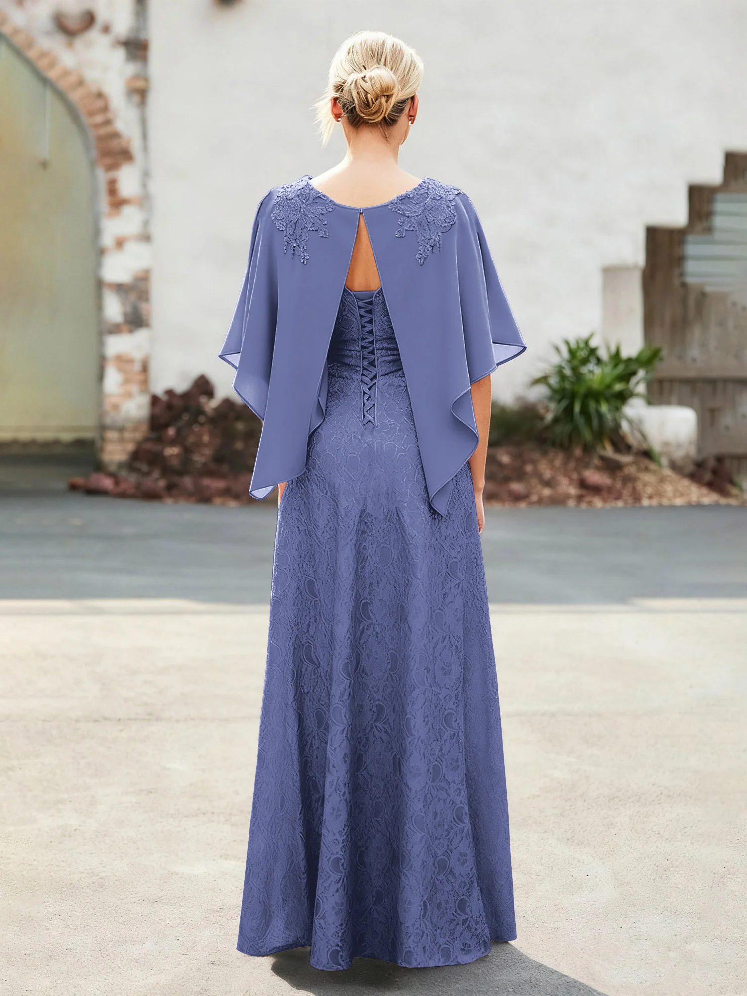 Elegant Scoop Cape Chiffon Lace A-Line Long Dress Periwinkle - Image 2