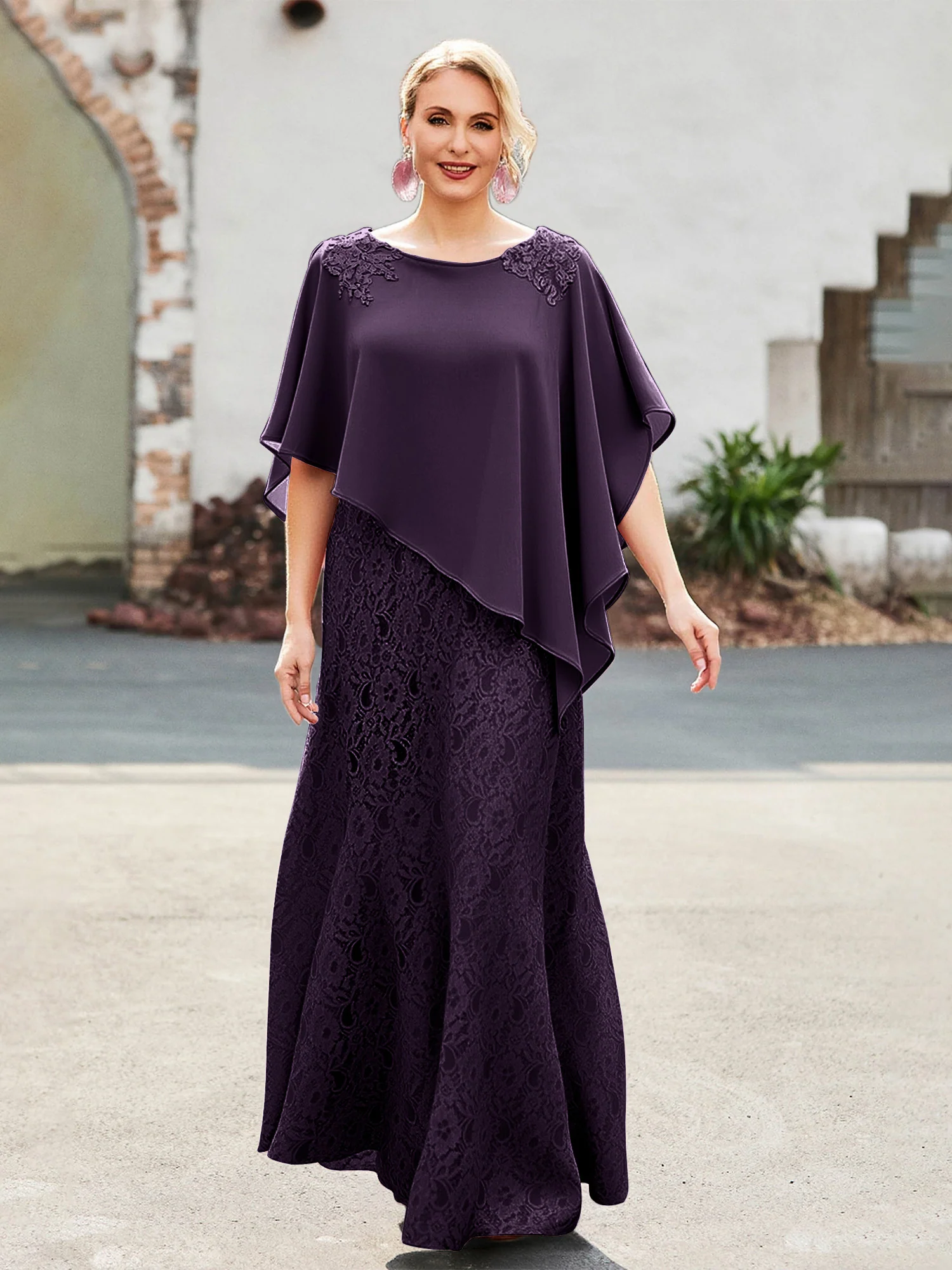 Elegant Scoop Cape Chiffon Lace A-Line Long Dress Plum