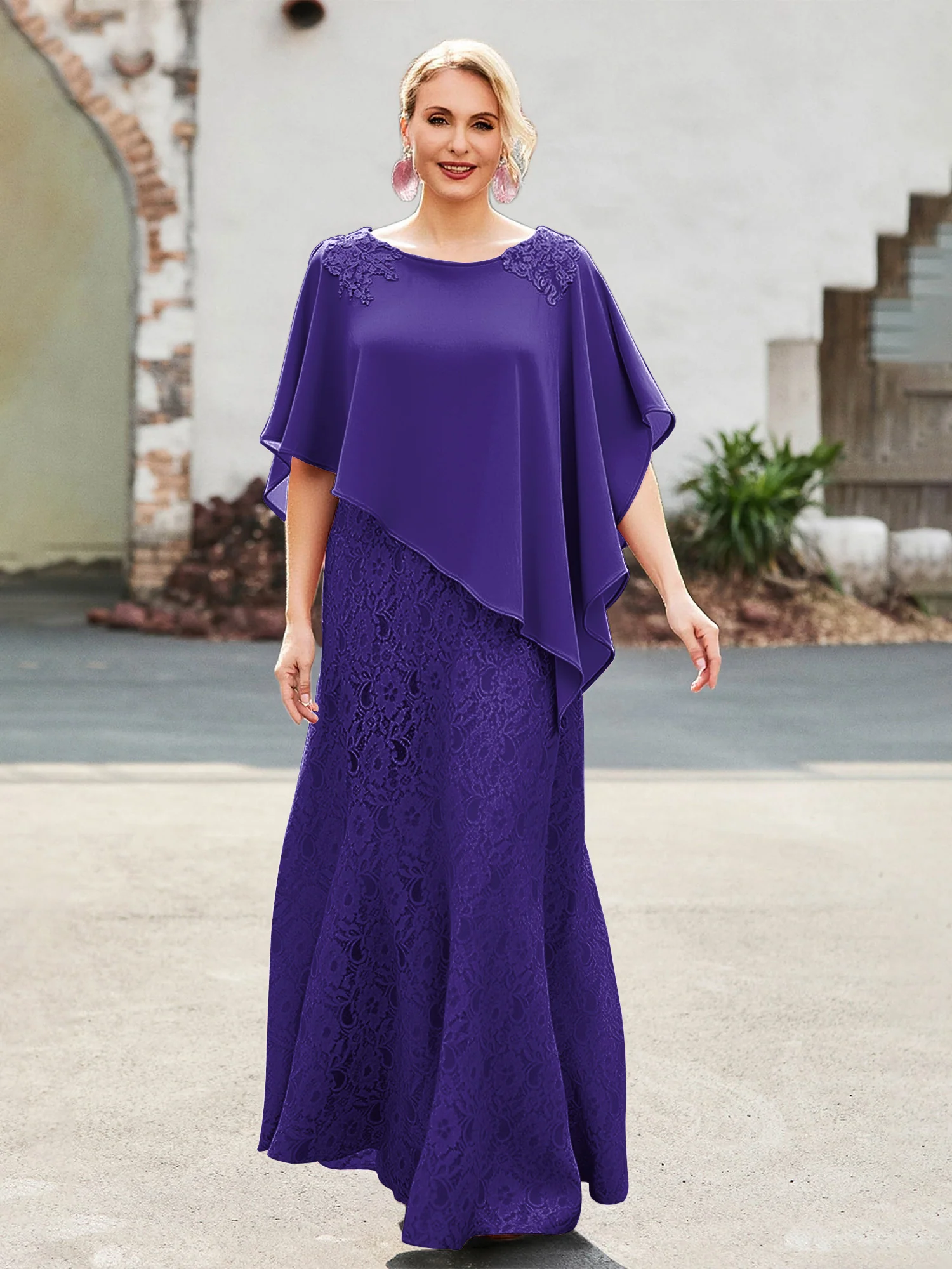 Elegant Scoop Cape Chiffon Lace A-Line Long Dress Regency
