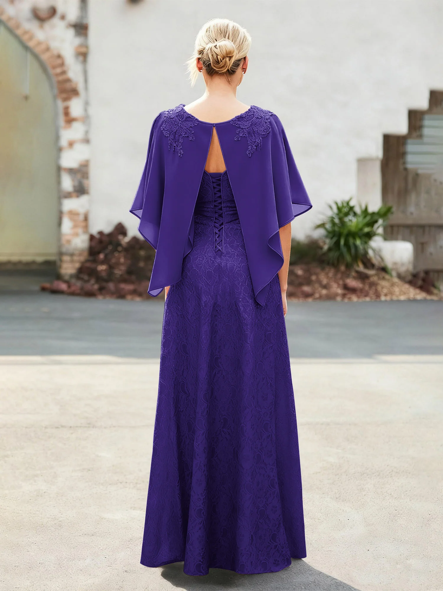 Elegant Scoop Cape Chiffon Lace A-Line Long Dress Regency - Image 2