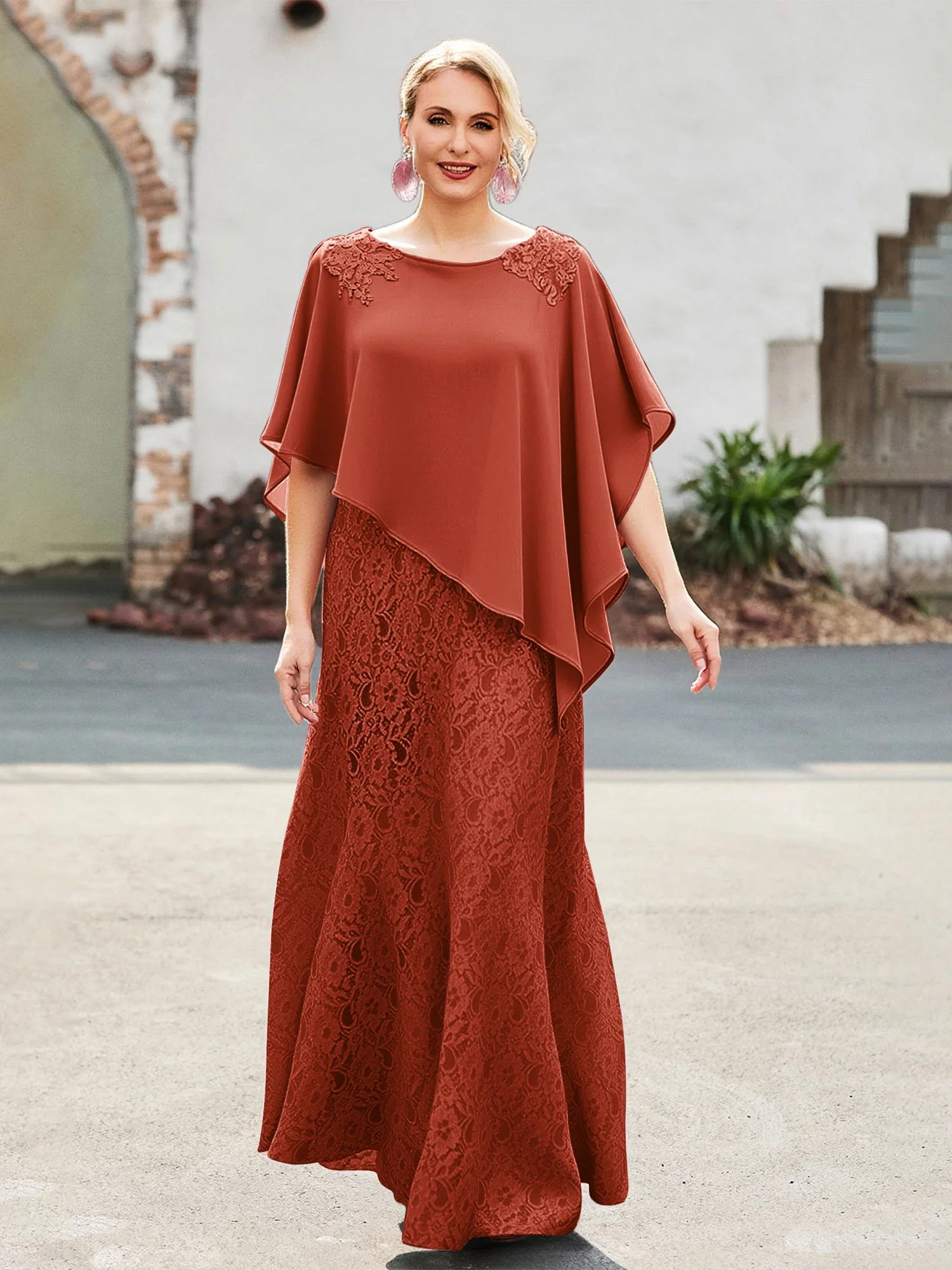 Elegant Scoop Cape Chiffon Lace A-Line Long Dress Rust
