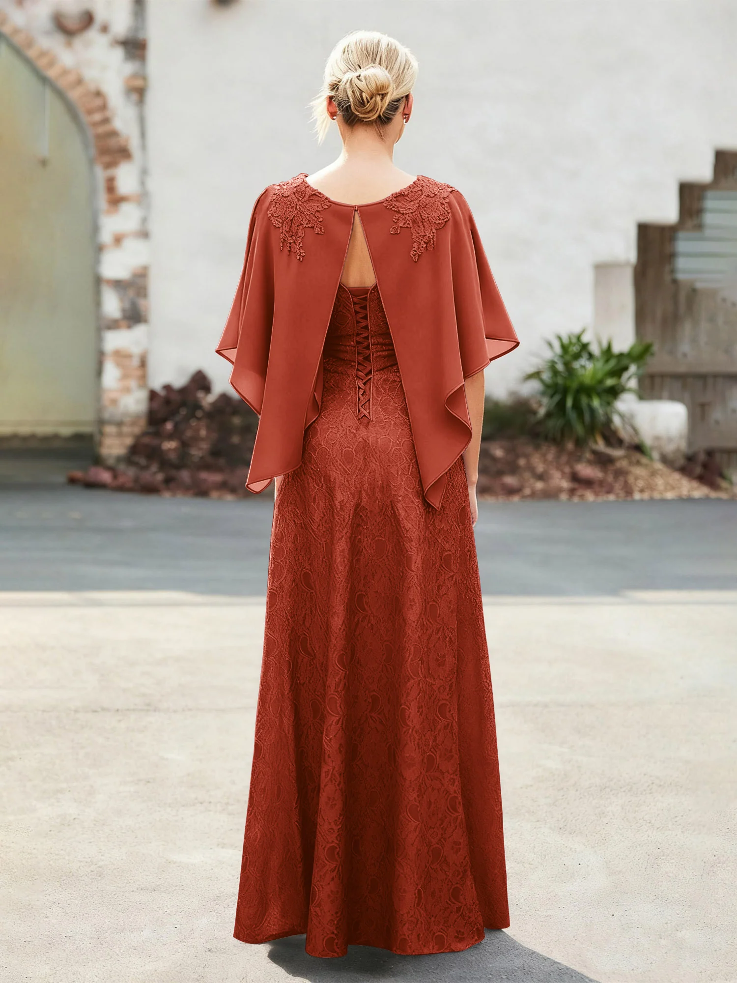 Elegant Scoop Cape Chiffon Lace A-Line Long Dress Rust - Image 2