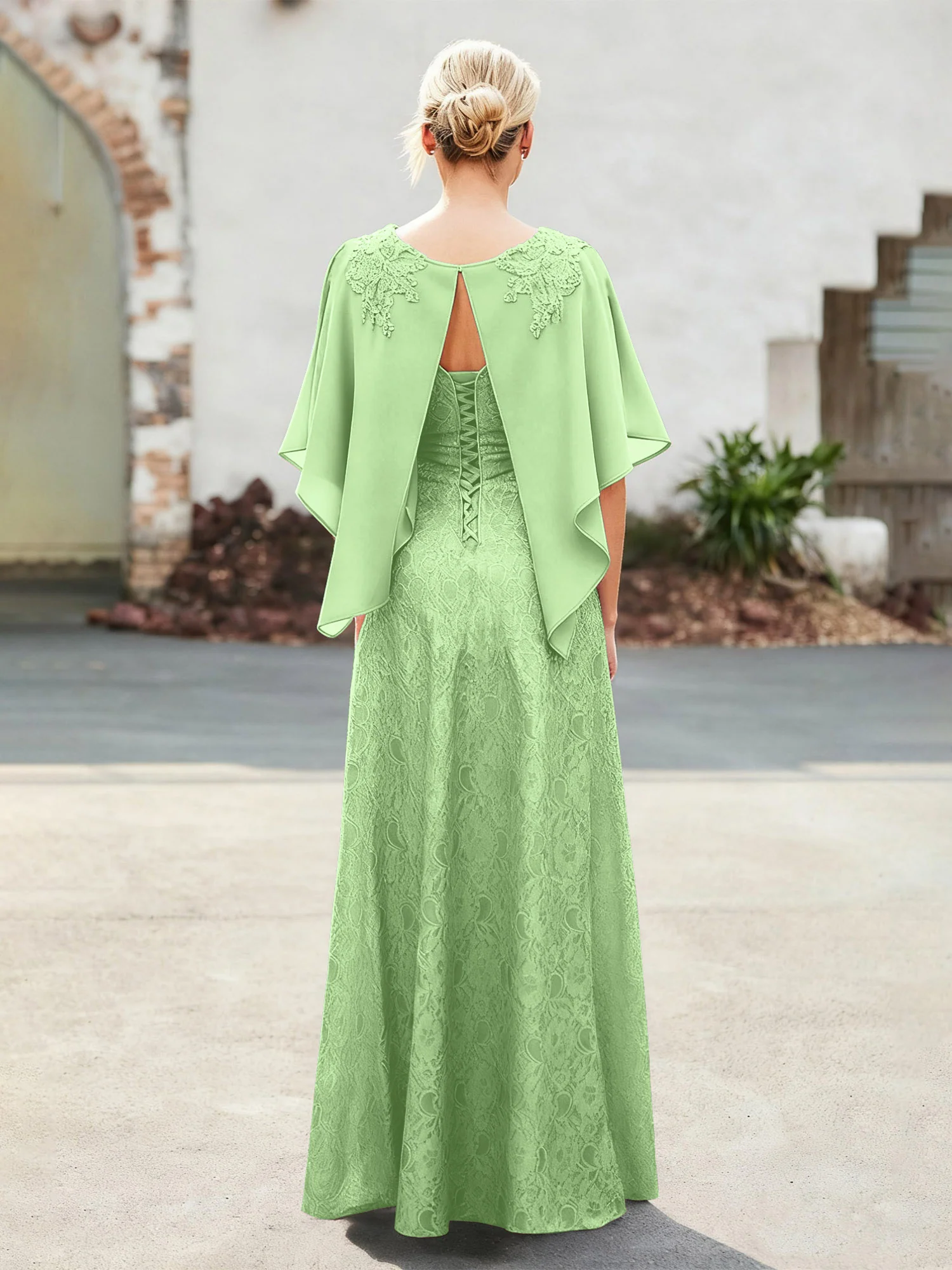 Elegant Scoop Cape Chiffon Lace A-Line Long Dress Sage - Image 2