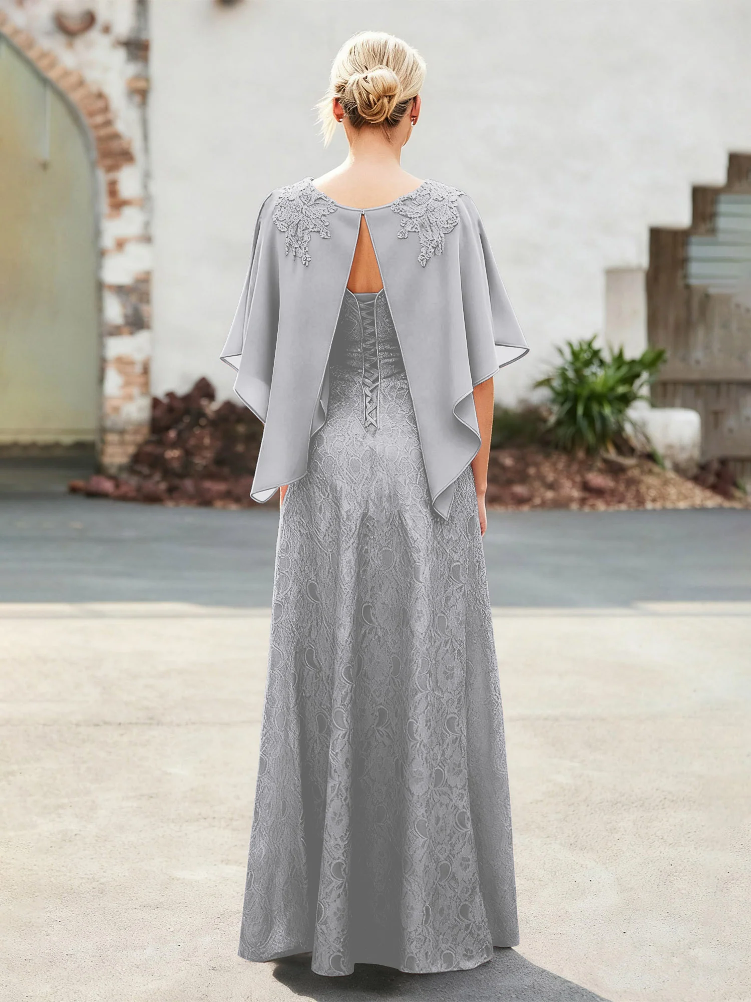 Elegant Scoop Cape Chiffon Lace A-Line Long Dress Silver - Image 2
