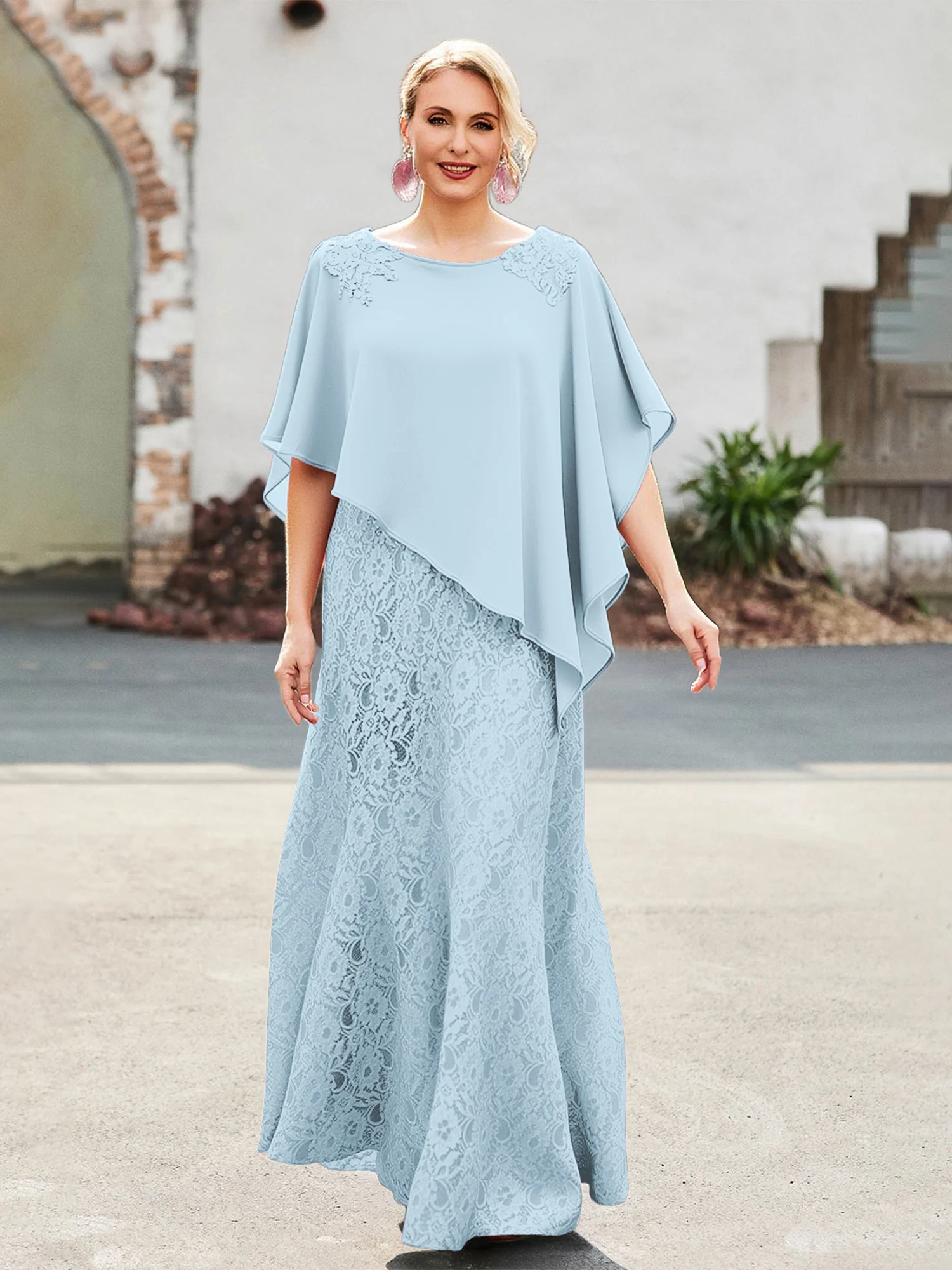 Elegant Scoop Cape Chiffon Lace A-Line Long Dress Sky Blue