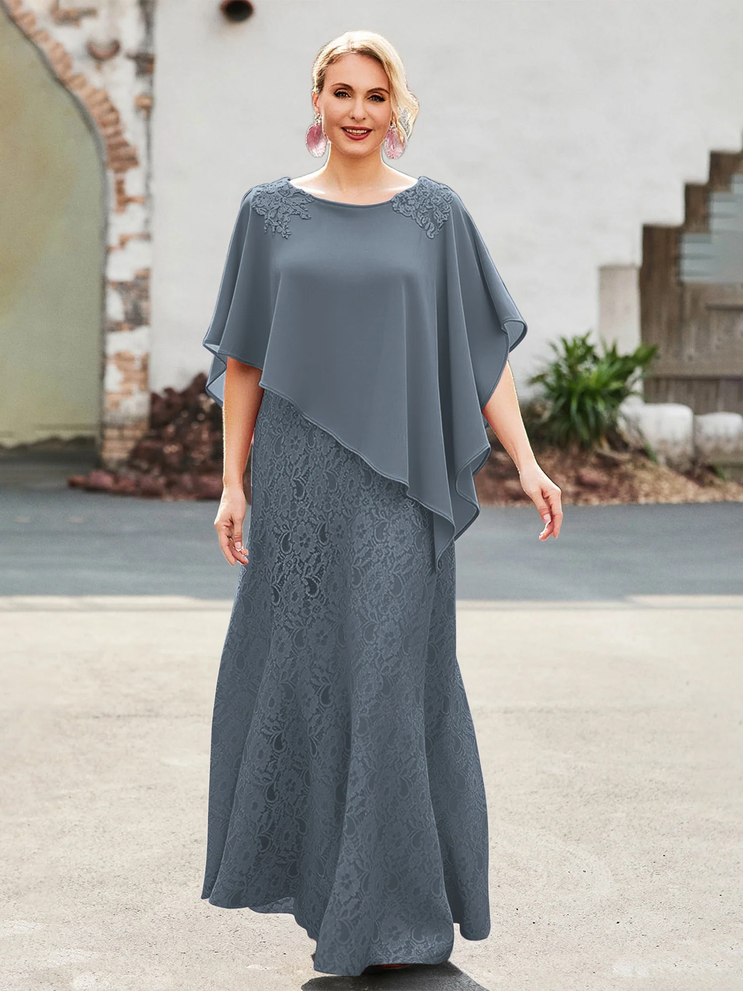 Elegant Scoop Cape Chiffon Lace A-Line Long Dress Slate Blue