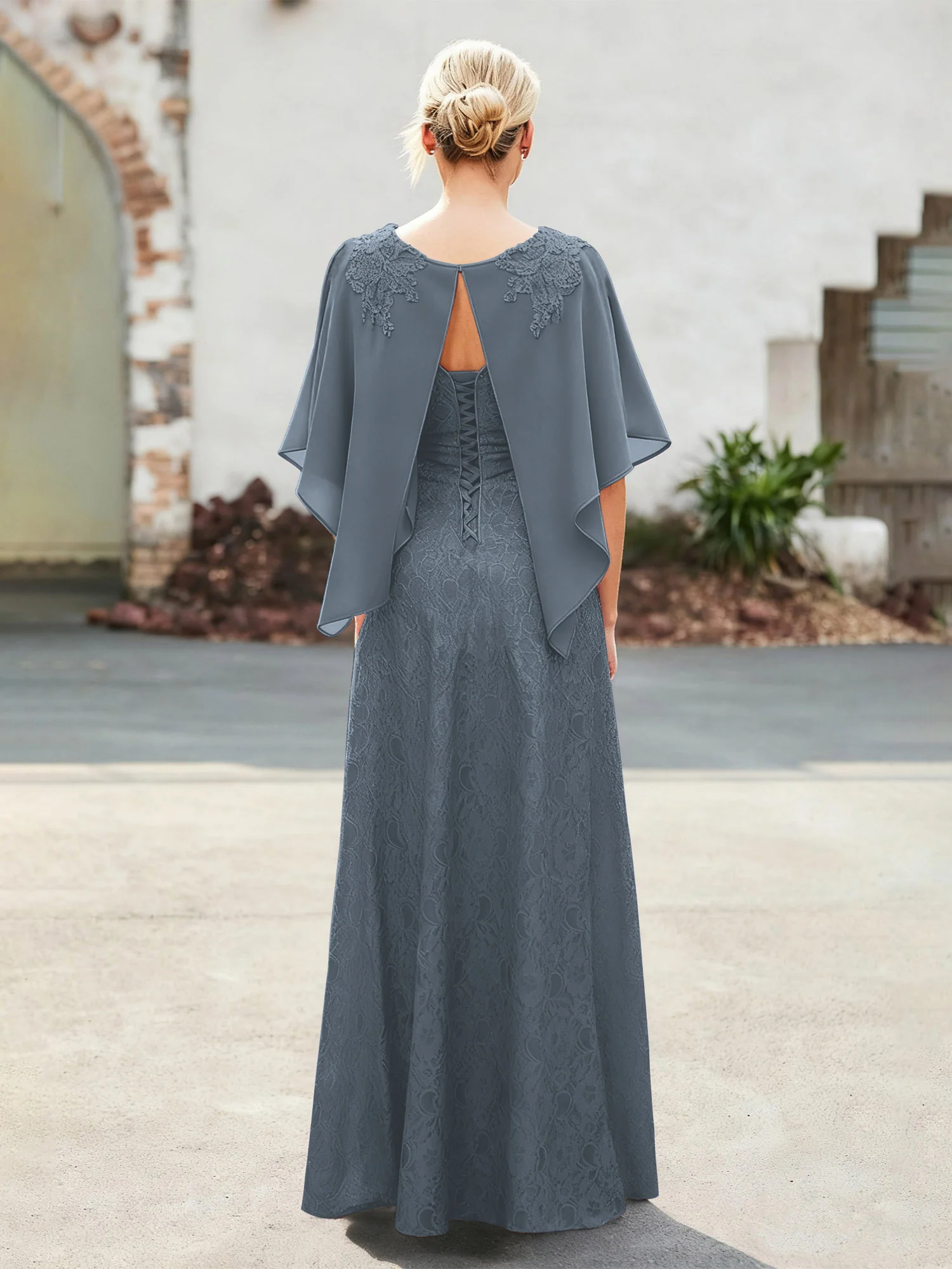 Elegant Scoop Cape Chiffon Lace A-Line Long Dress Slate Blue - Image 2