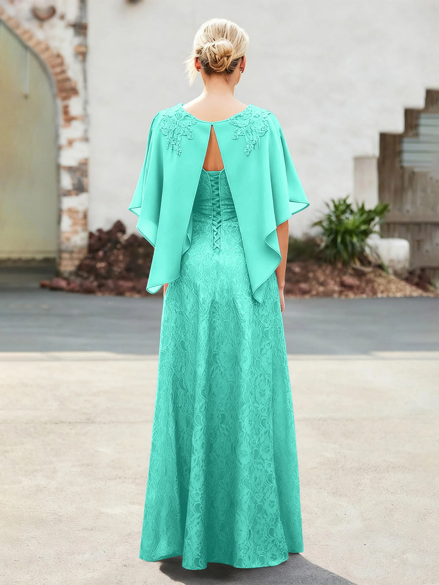 Elegant Scoop Cape Chiffon Lace A-Line Long Dress Spa - Image 2
