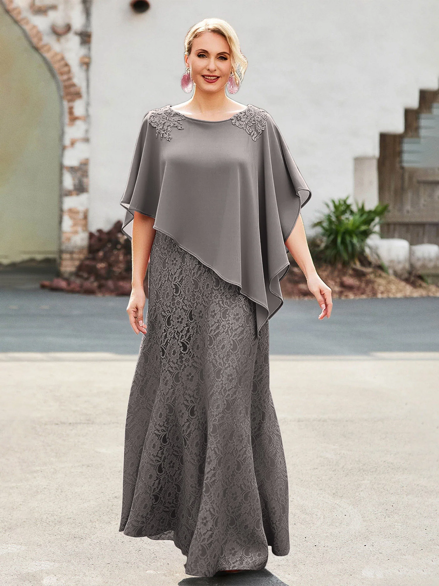 Elegant Scoop Cape Chiffon Lace A-Line Long Dress Steel Grey