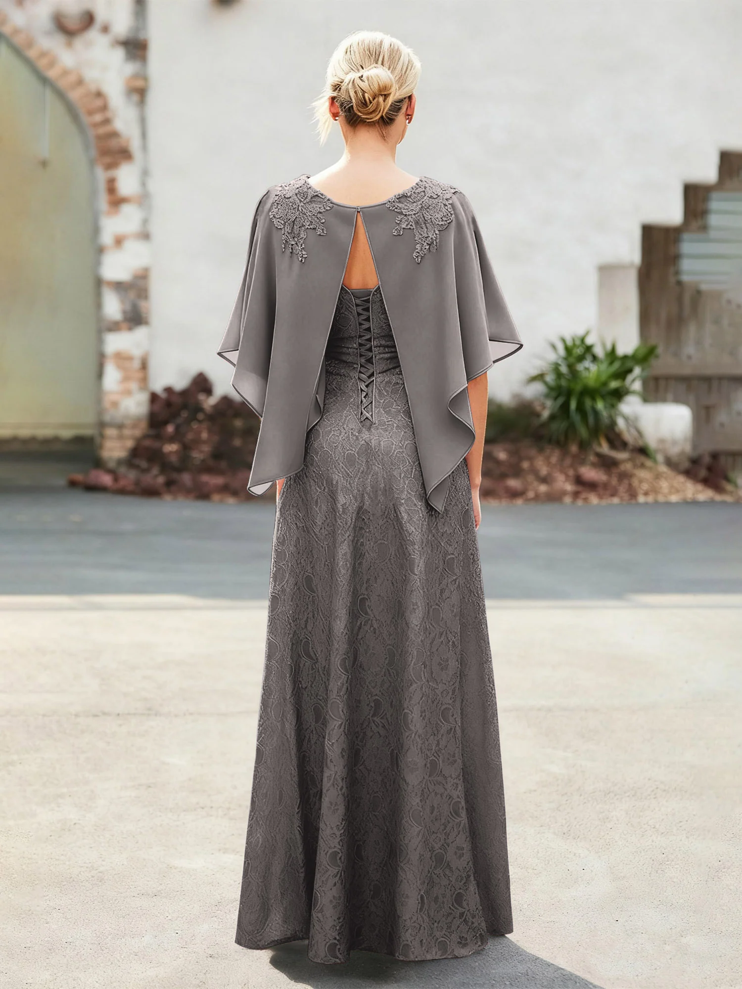 Elegant Scoop Cape Chiffon Lace A-Line Long Dress Steel Grey - Image 2