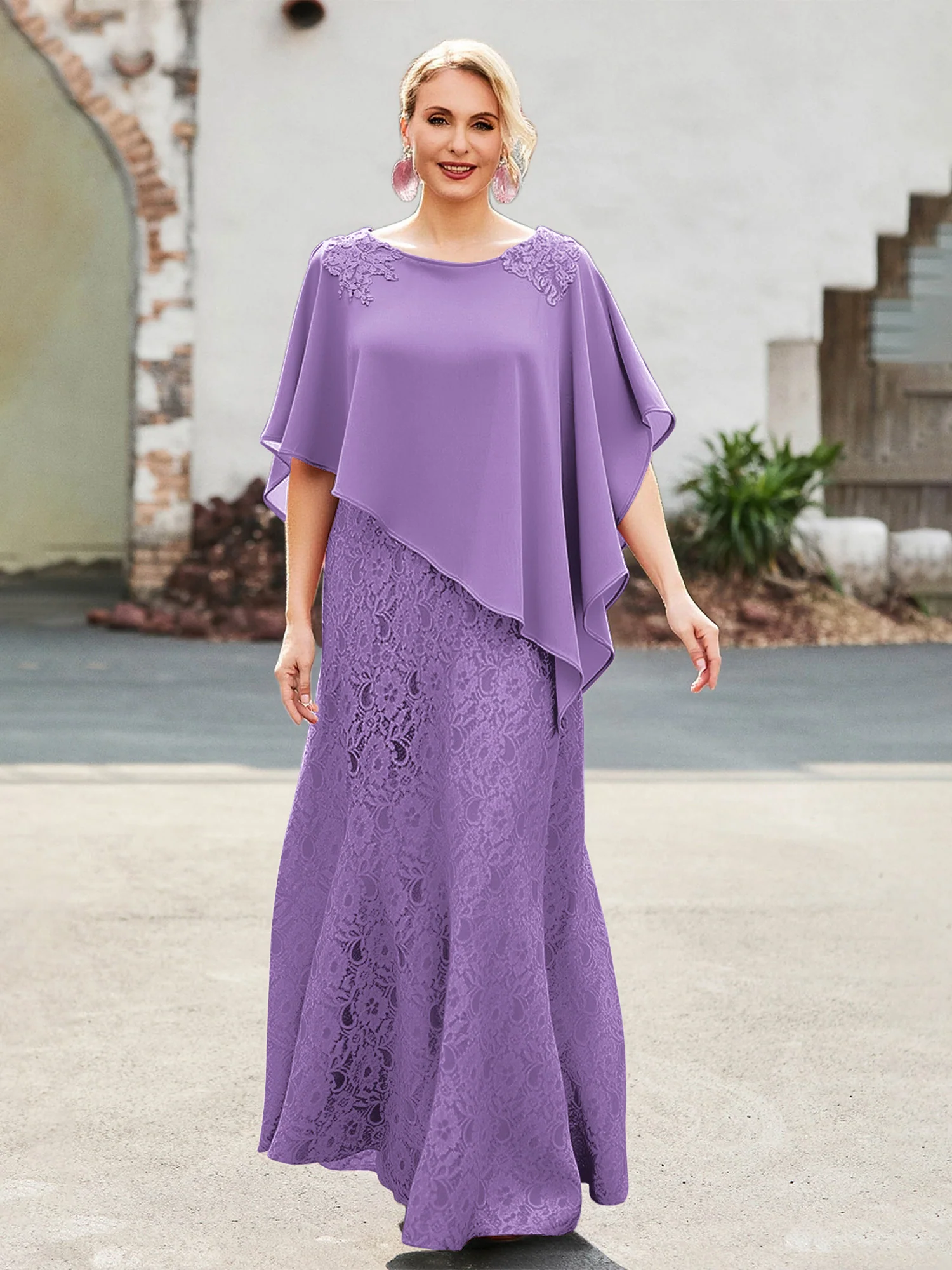 Elegant Scoop Cape Chiffon Lace A-Line Long Dress Tahiti