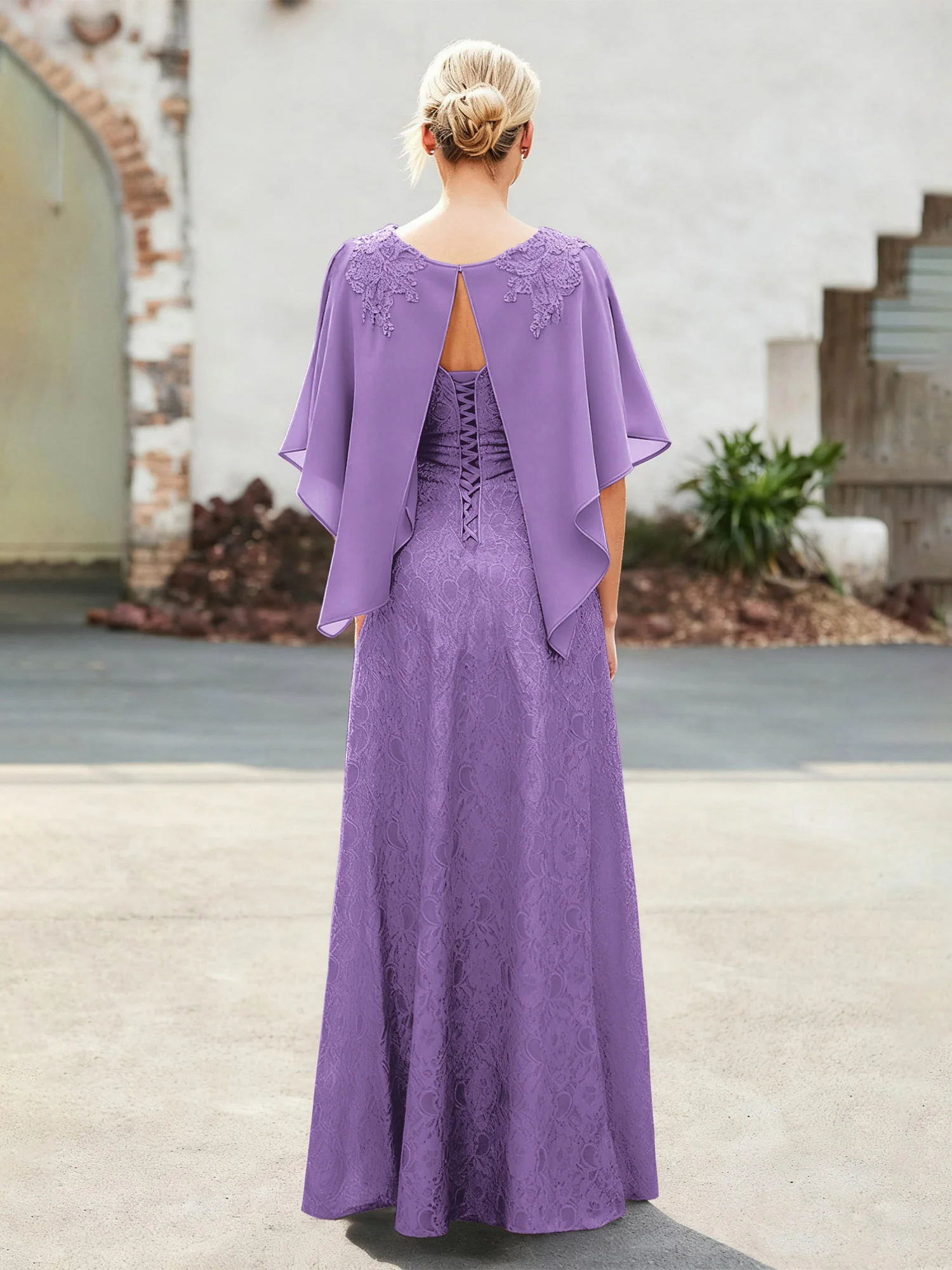 Elegant Scoop Cape Chiffon Lace A-Line Long Dress Tahiti - Image 2