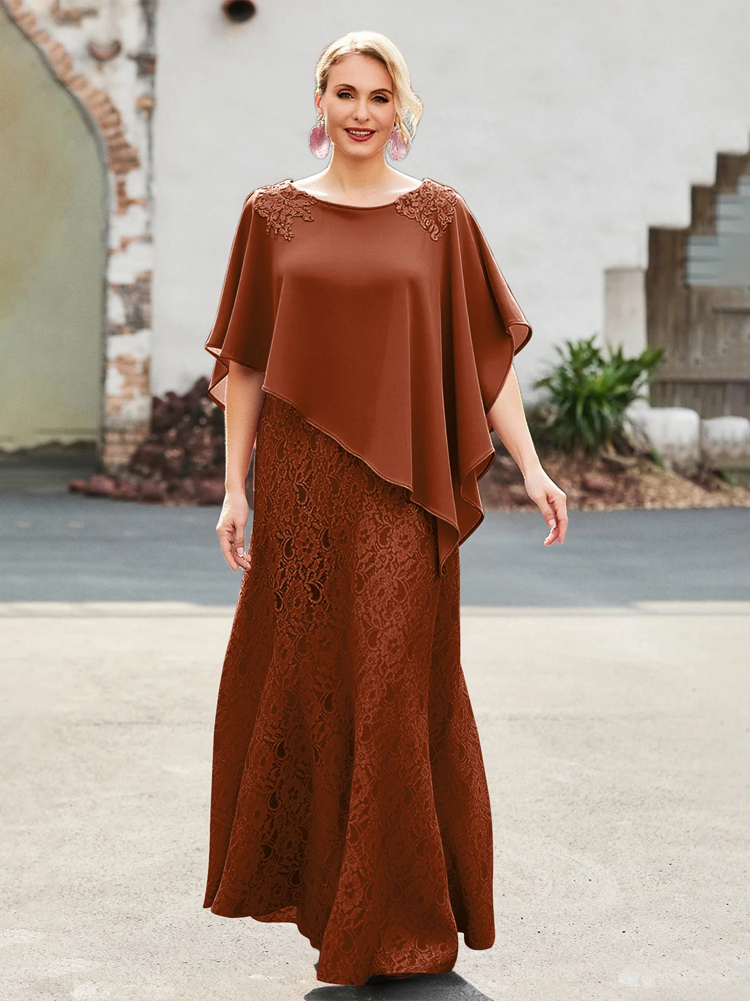 Elegant Scoop Cape Chiffon Lace A-Line Long Dress Terracotta