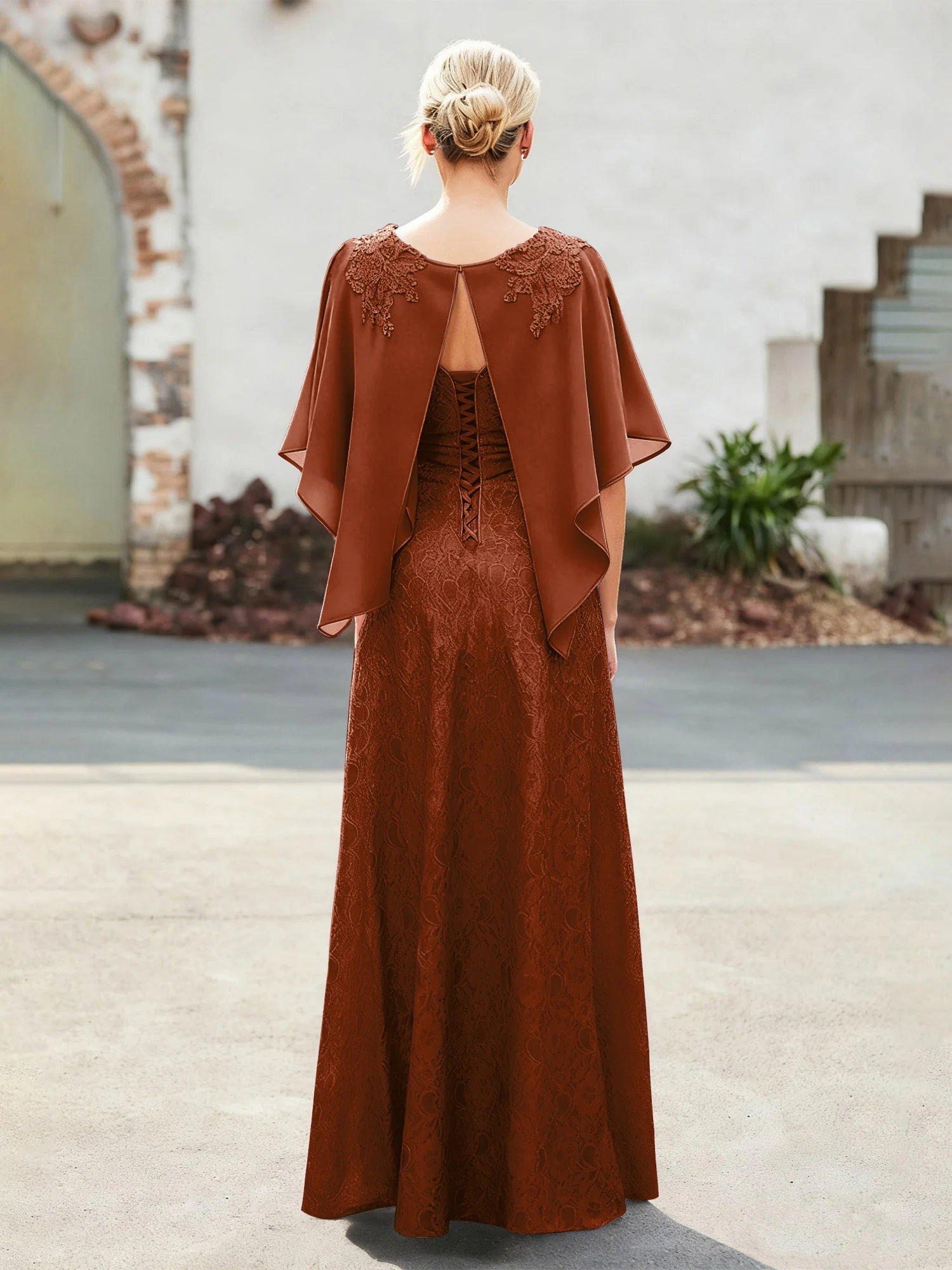 Elegant Scoop Cape Chiffon Lace A-Line Long Dress Terracotta - Image 2