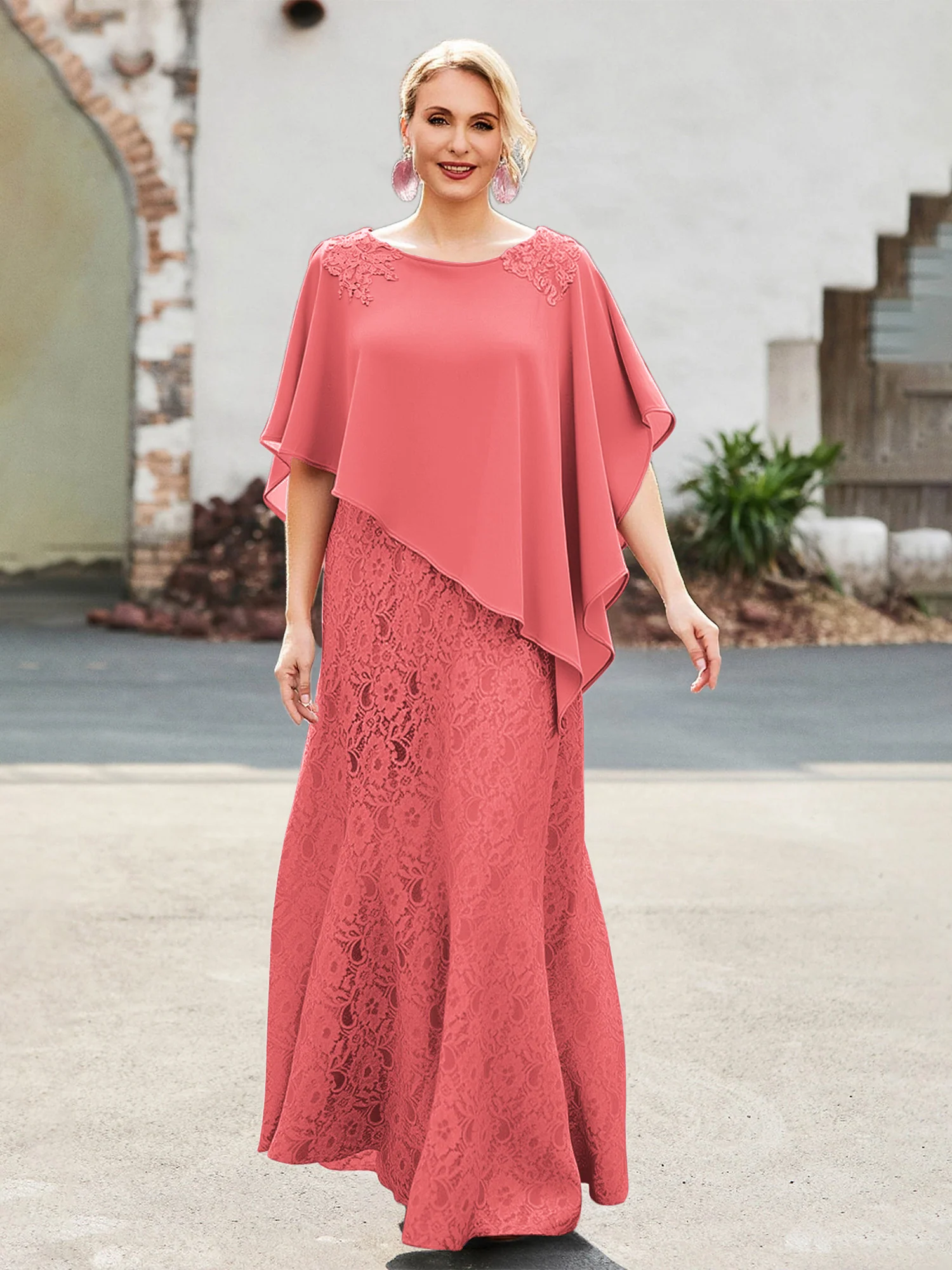 Elegant Scoop Cape Chiffon Lace A-Line Long Dress Watermelon
