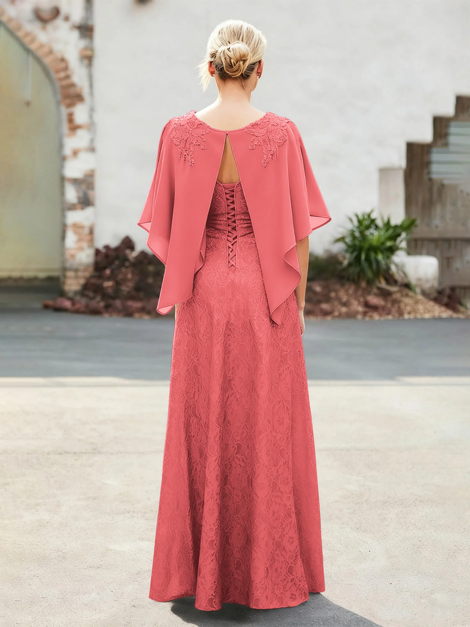 Elegant Scoop Cape Chiffon Lace A-Line Long Dress Watermelon - Image 2
