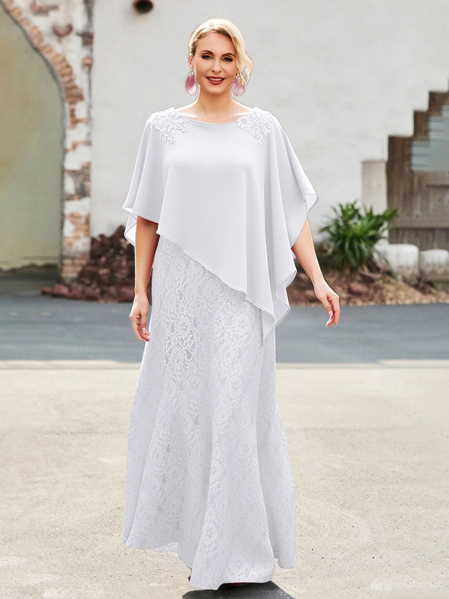 Elegant Scoop Cape Chiffon Lace A-Line Long Dress White