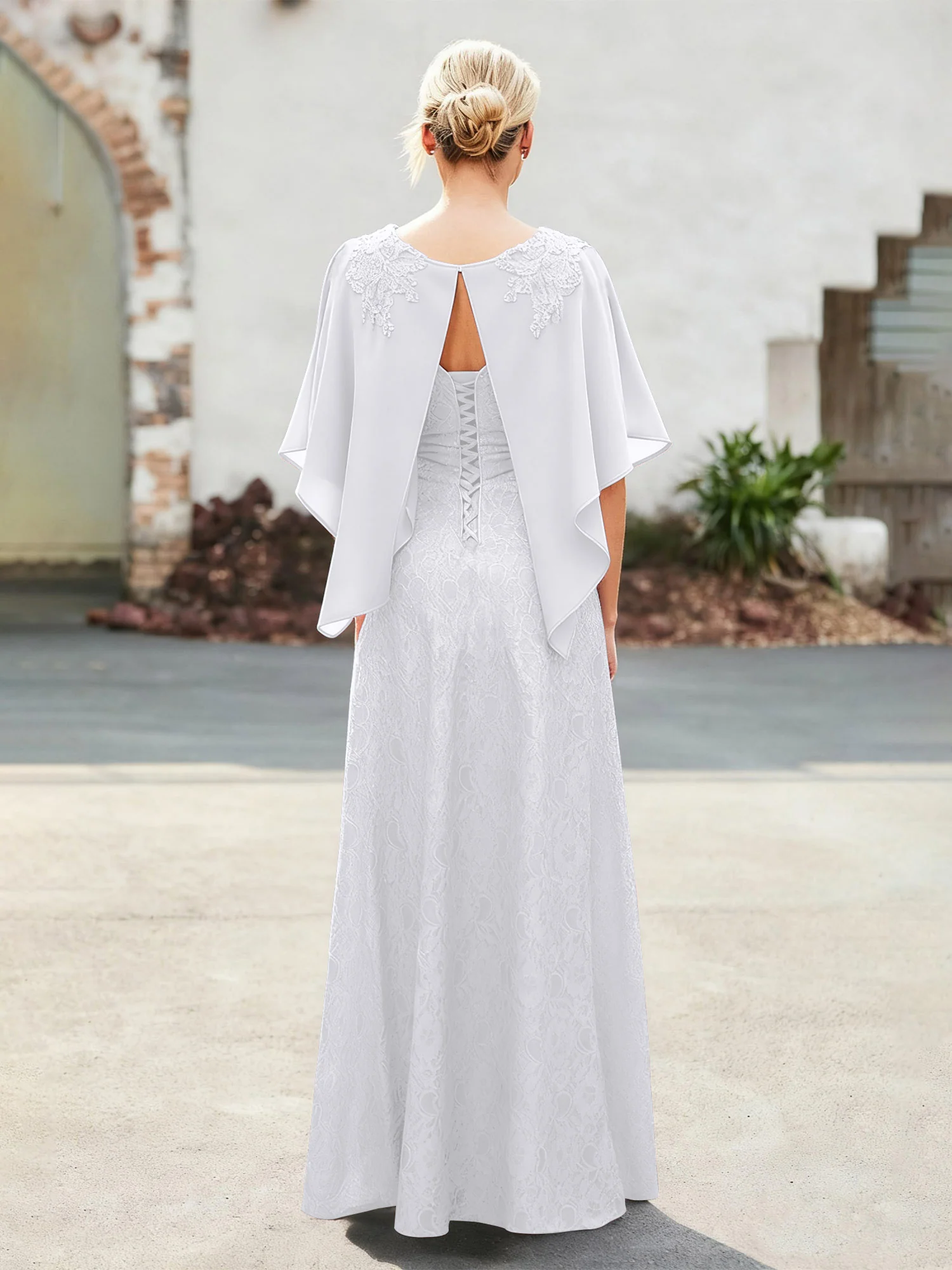 Elegant Scoop Cape Chiffon Lace A-Line Long Dress White - Image 2