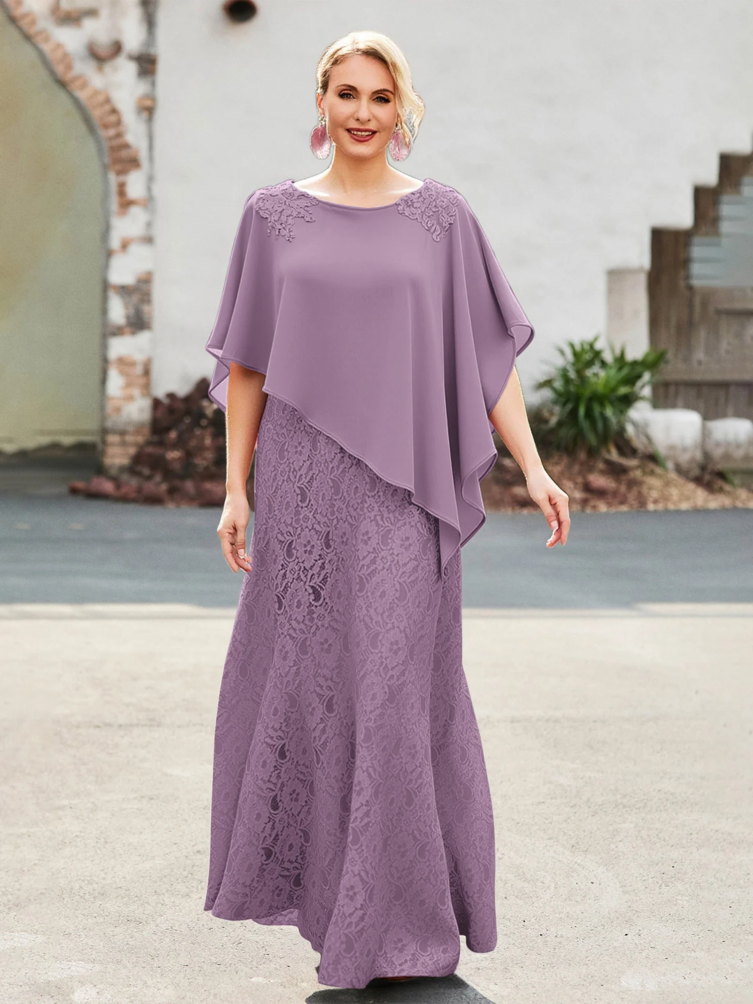 Elegant Scoop Cape Chiffon Lace A-Line Long Dress Wisteria