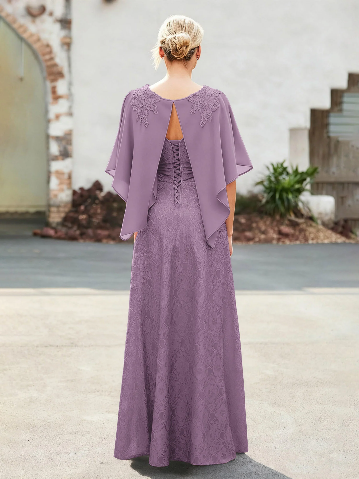 Elegant Scoop Cape Chiffon Lace A-Line Long Dress Wisteria - Image 2