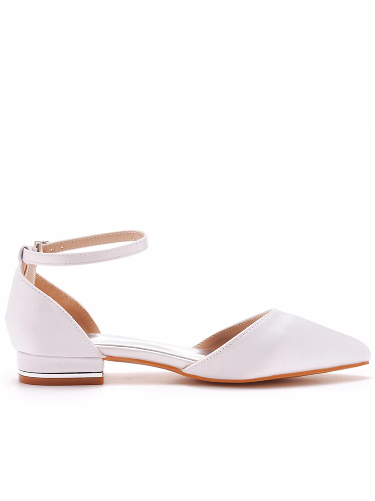 Elegant White Satin Pointed Toe Ankle Strap Chunky Heels - Image 6