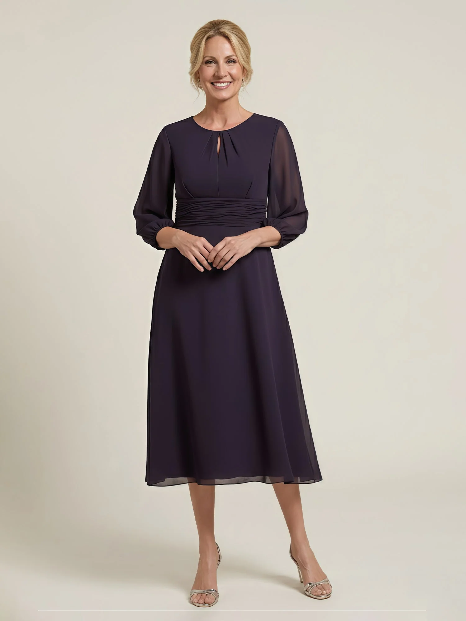 Pleated Scoop Neck 3/4 Sleeves Chiffon A-Line Dress Peacock