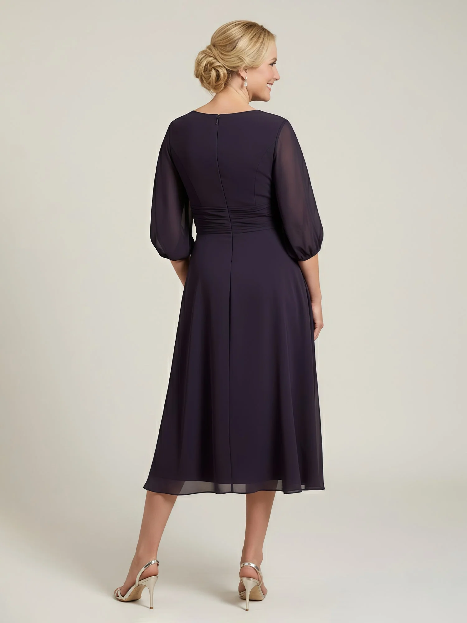 Pleated Scoop Neck 3/4 Sleeves Chiffon A-Line Dress Sage - Image 2