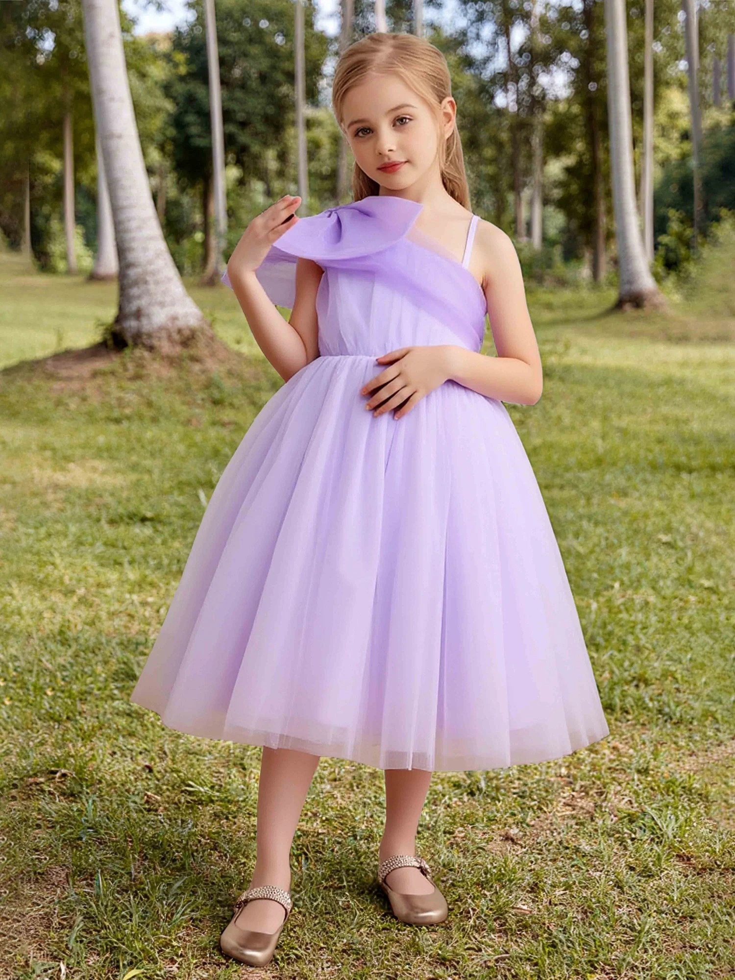 Oversized Bow One Shoulder Tulle Flower Girl Dress Lilac
