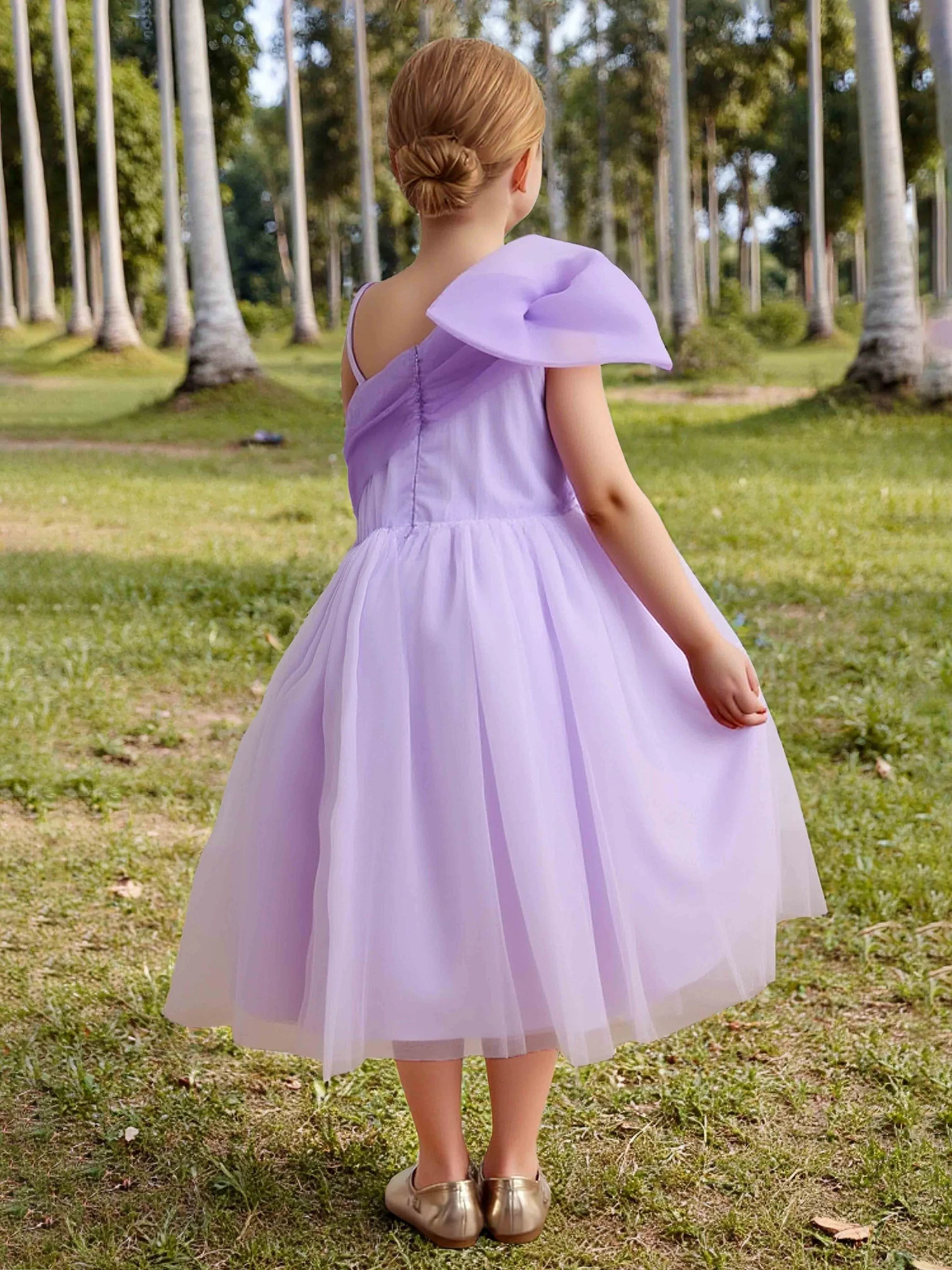 Oversized Bow One Shoulder Tulle Flower Girl Dress Lilac - Image 2
