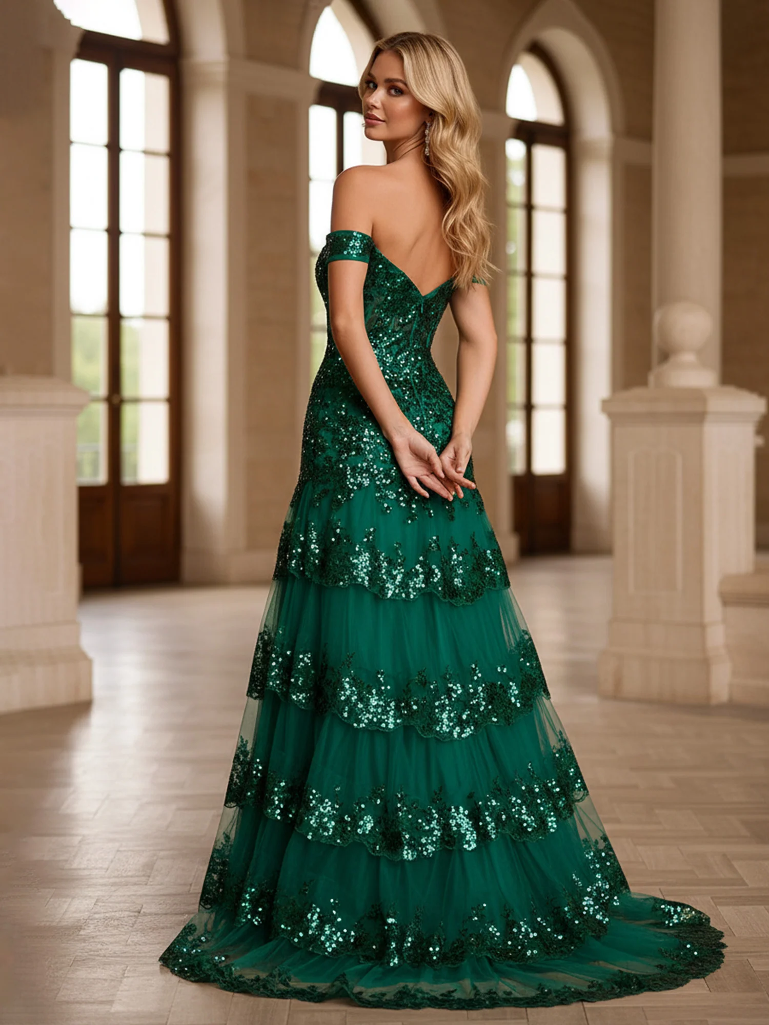 Off-Shoulder Sequin Lace Bodice Tiered Tulle Gown Dark Green - Image 4