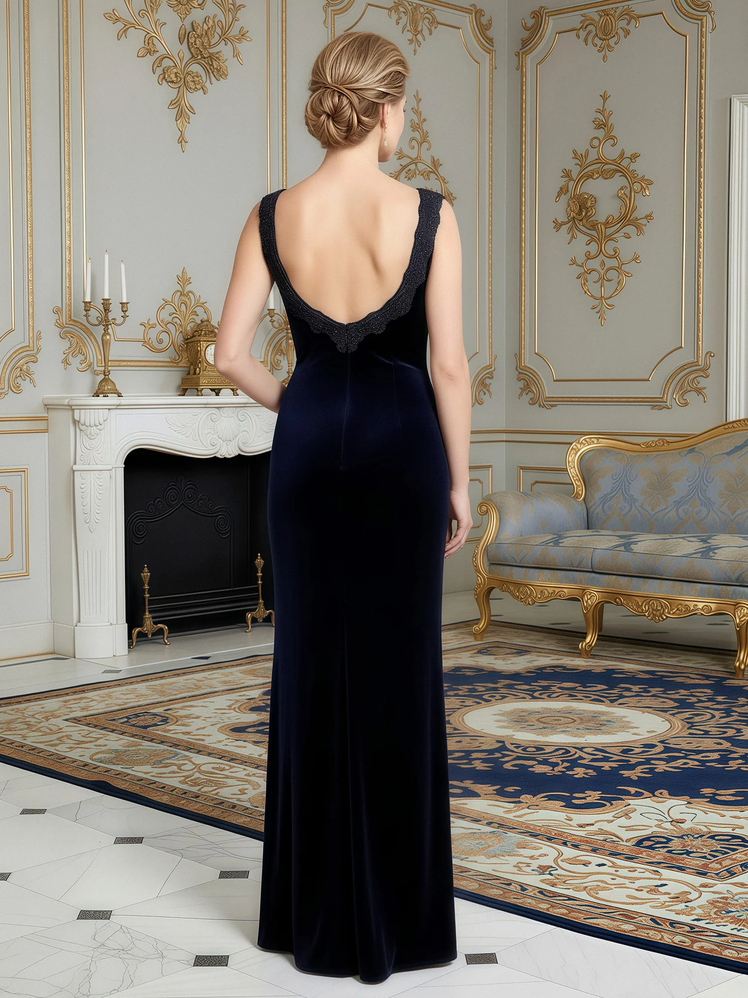 Velvet Sheath Gown with Matching Shawl Collar Bolero Navy Blue - Image 4