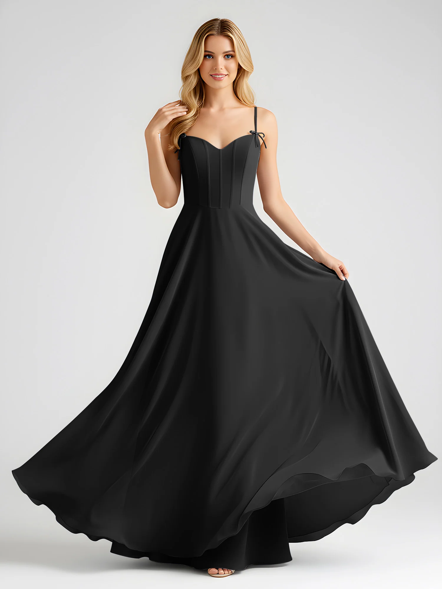 Spaghetti Strap A-Line Maxi with Bow Ties Black - Image 3