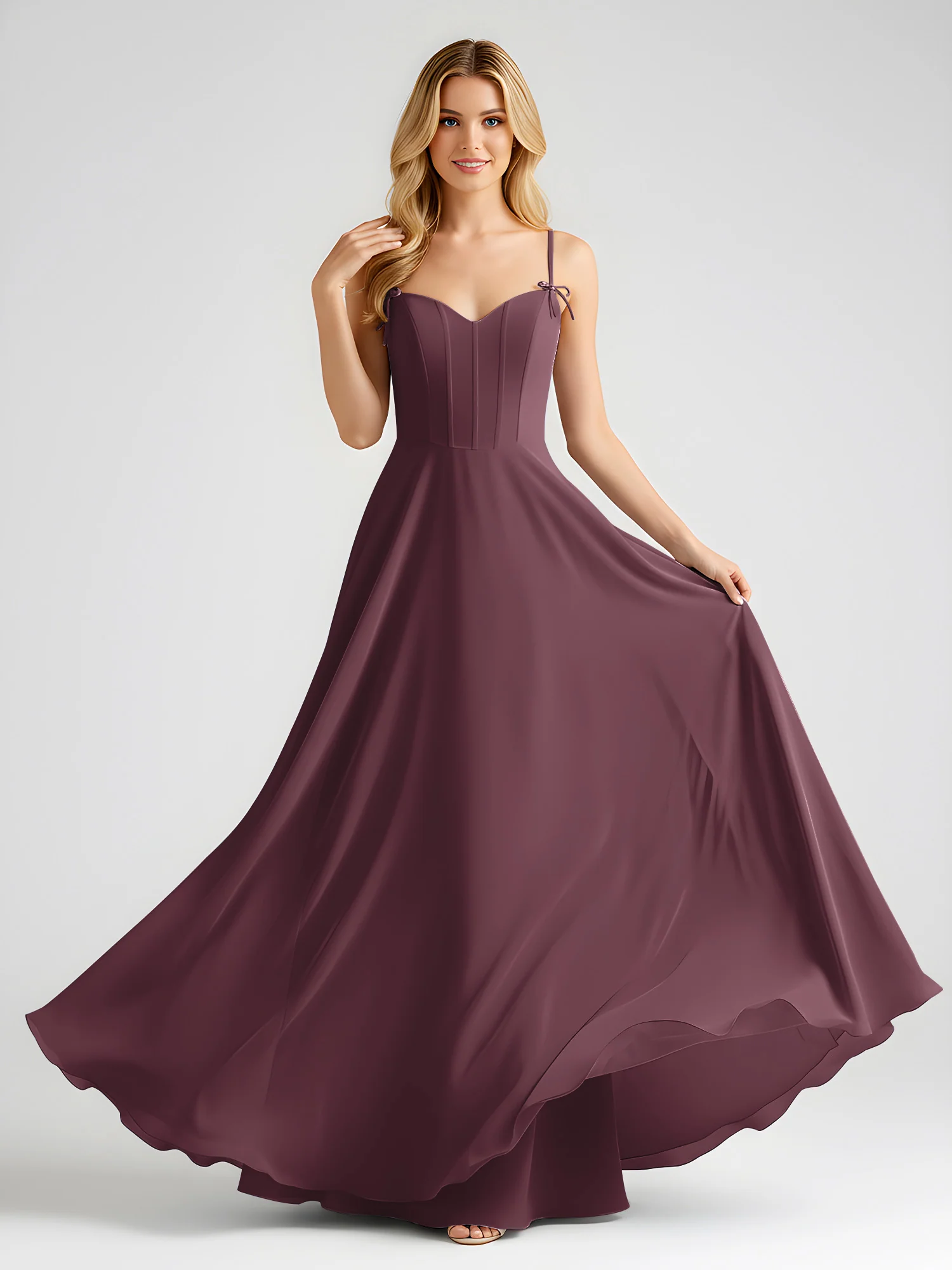 Spaghetti Strap A-Line Maxi with Bow Ties Cabernet - Image 3
