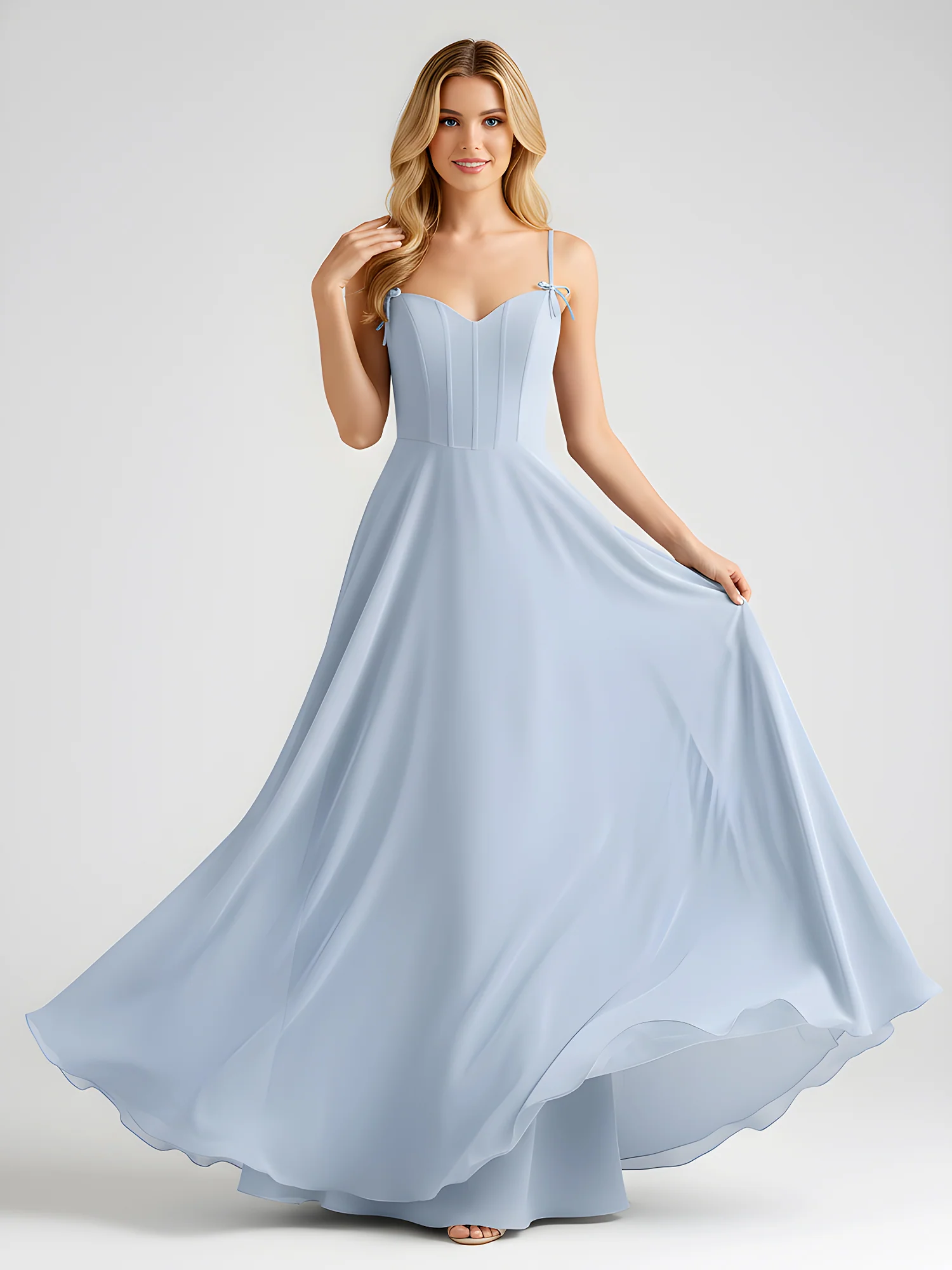 Spaghetti Strap A-Line Maxi with Bow Ties Dusty Blue - Image 3