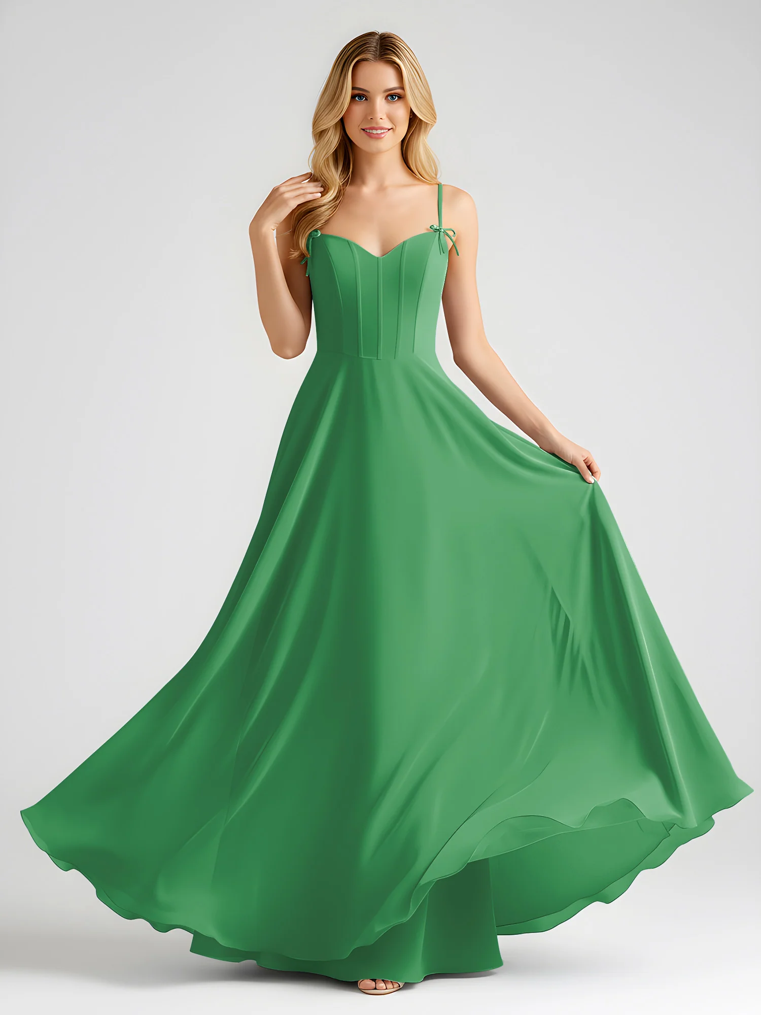 Spaghetti Strap A-Line Maxi with Bow Ties Emerald - Image 3
