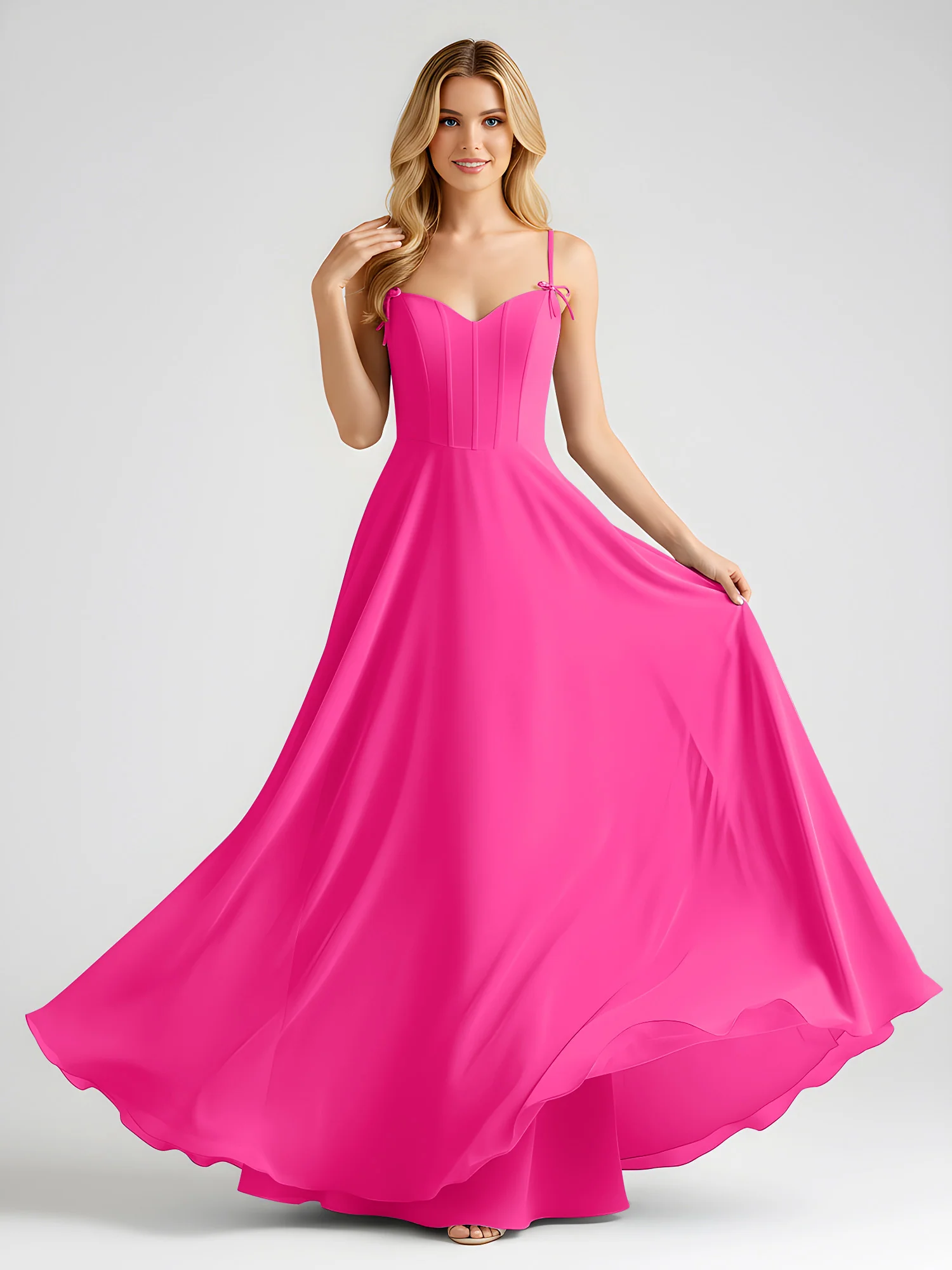 Spaghetti Strap A-Line Maxi with Bow Ties Fuchsia - Image 3