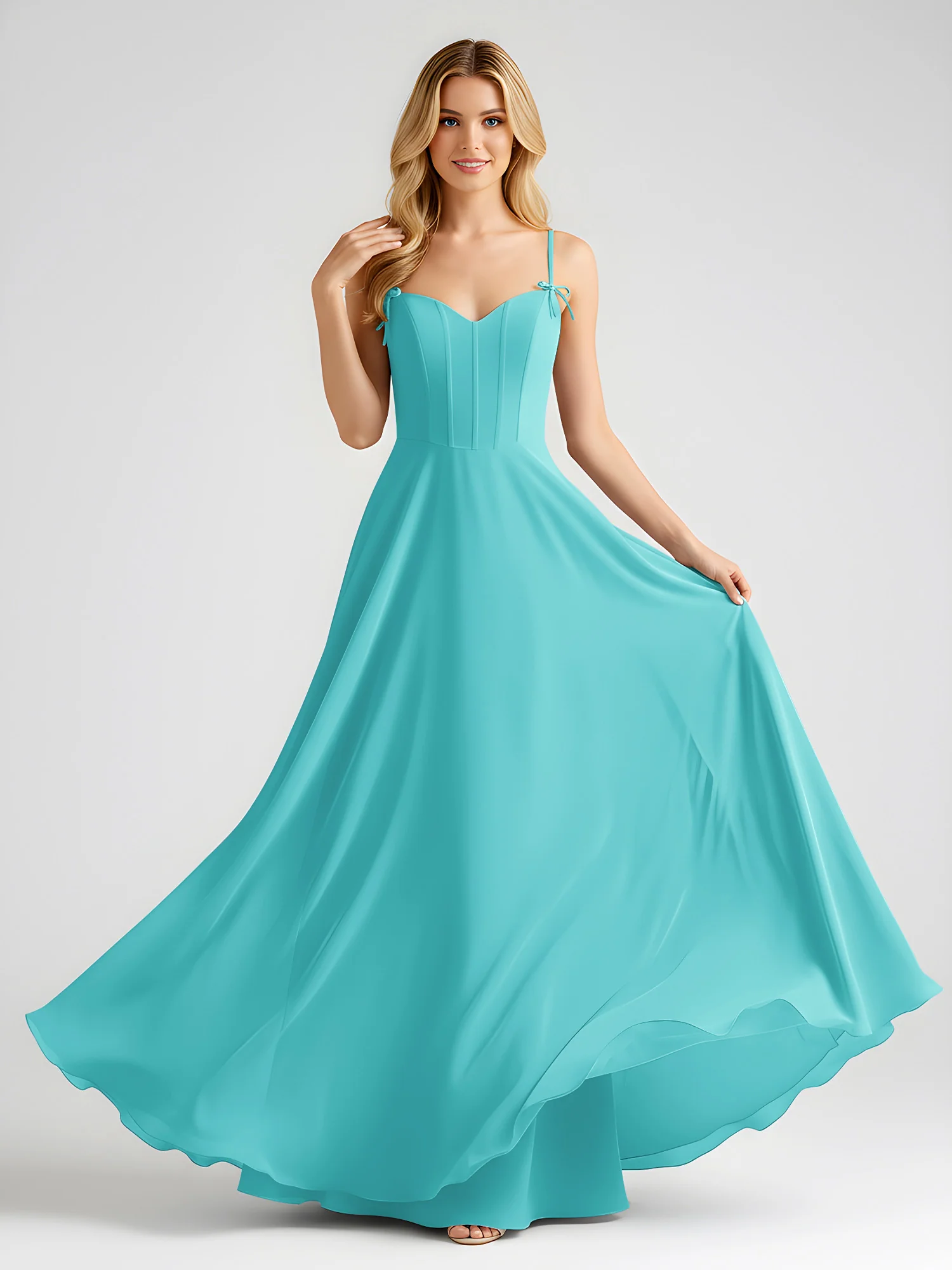 Spaghetti Strap A-Line Maxi with Bow Ties Jade - Image 3