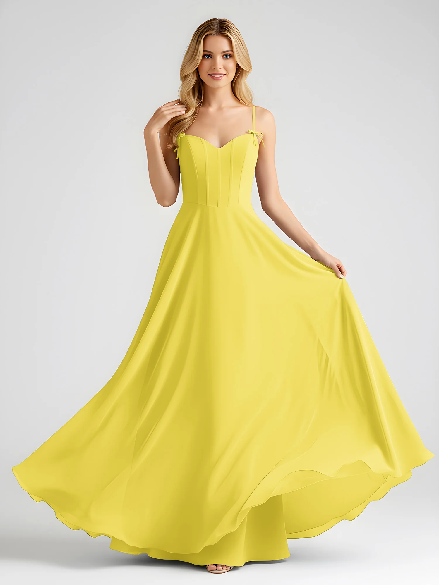 Spaghetti Strap A-Line Maxi with Bow Ties Lemon - Image 3