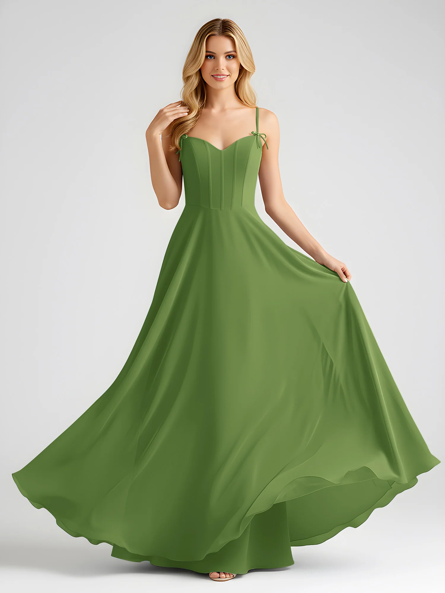 Spaghetti Strap A-Line Maxi with Bow Ties Moss - Image 3