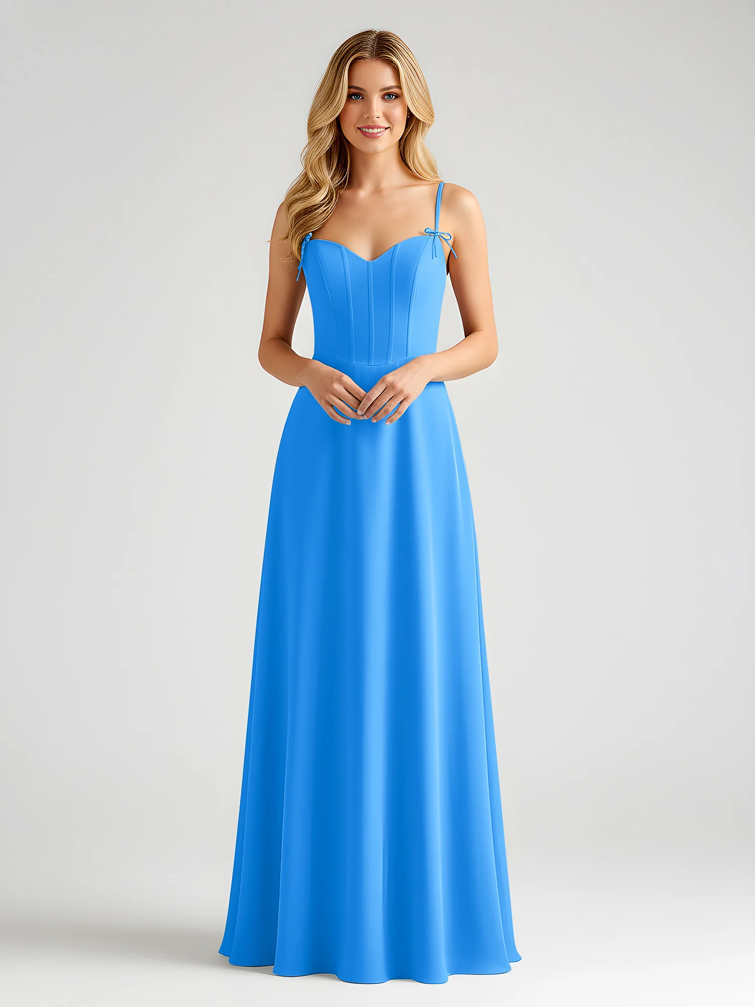 Spaghetti Strap A-Line Maxi with Bow Ties Ocean Blue