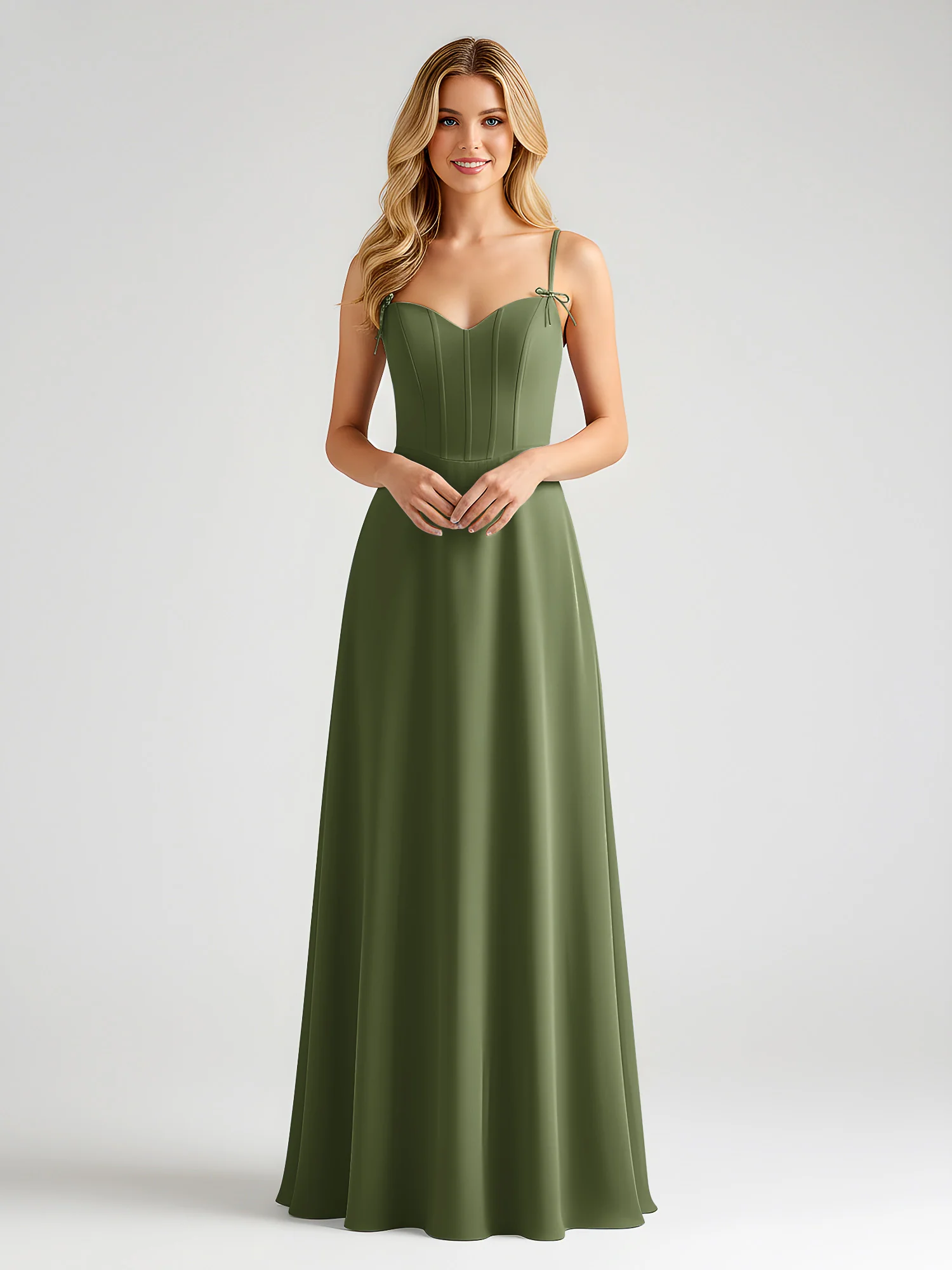 Spaghetti Strap A-Line Maxi with Bow Ties Olive Green