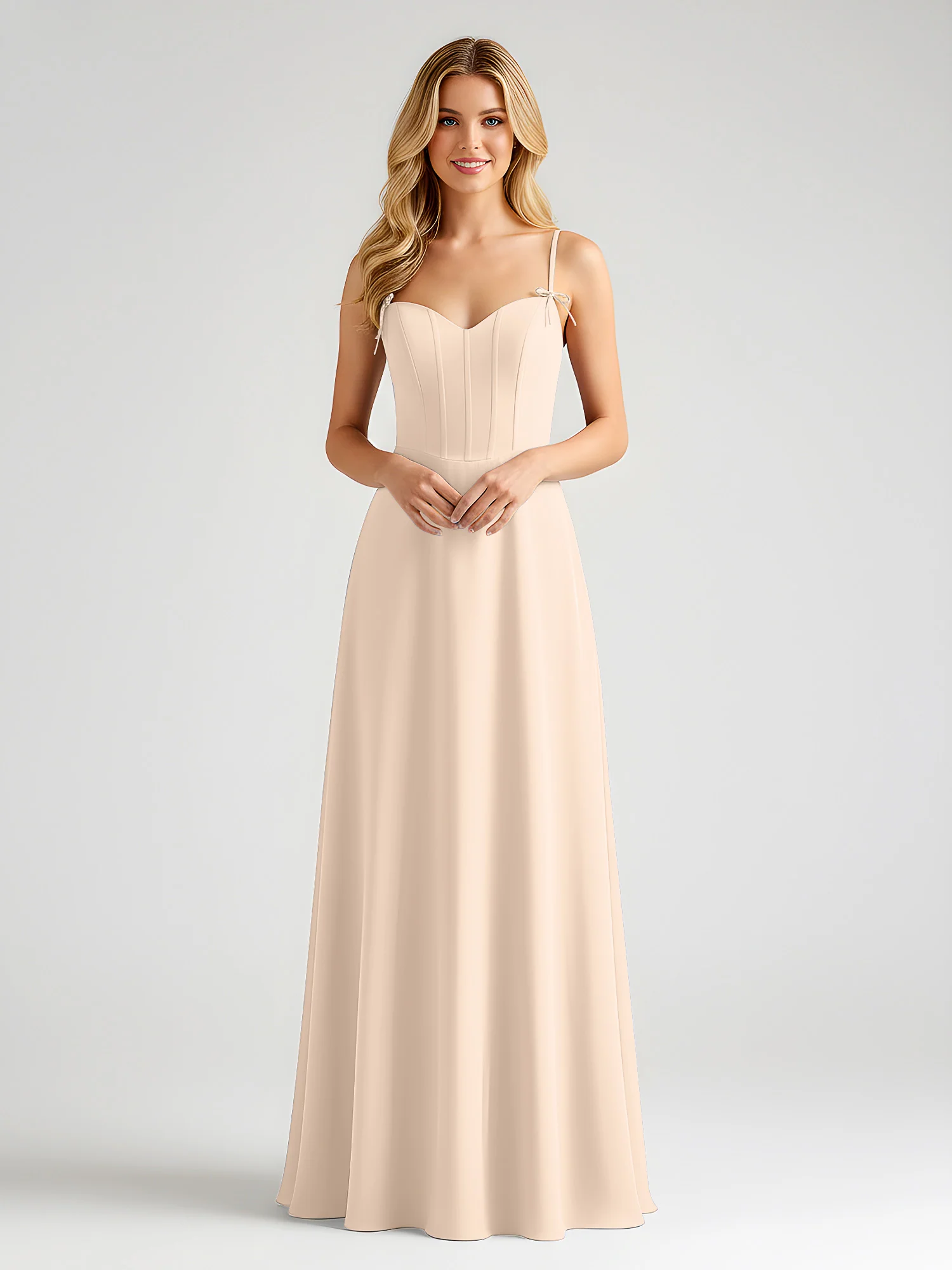 Spaghetti Strap A-Line Maxi with Bow Ties Peach