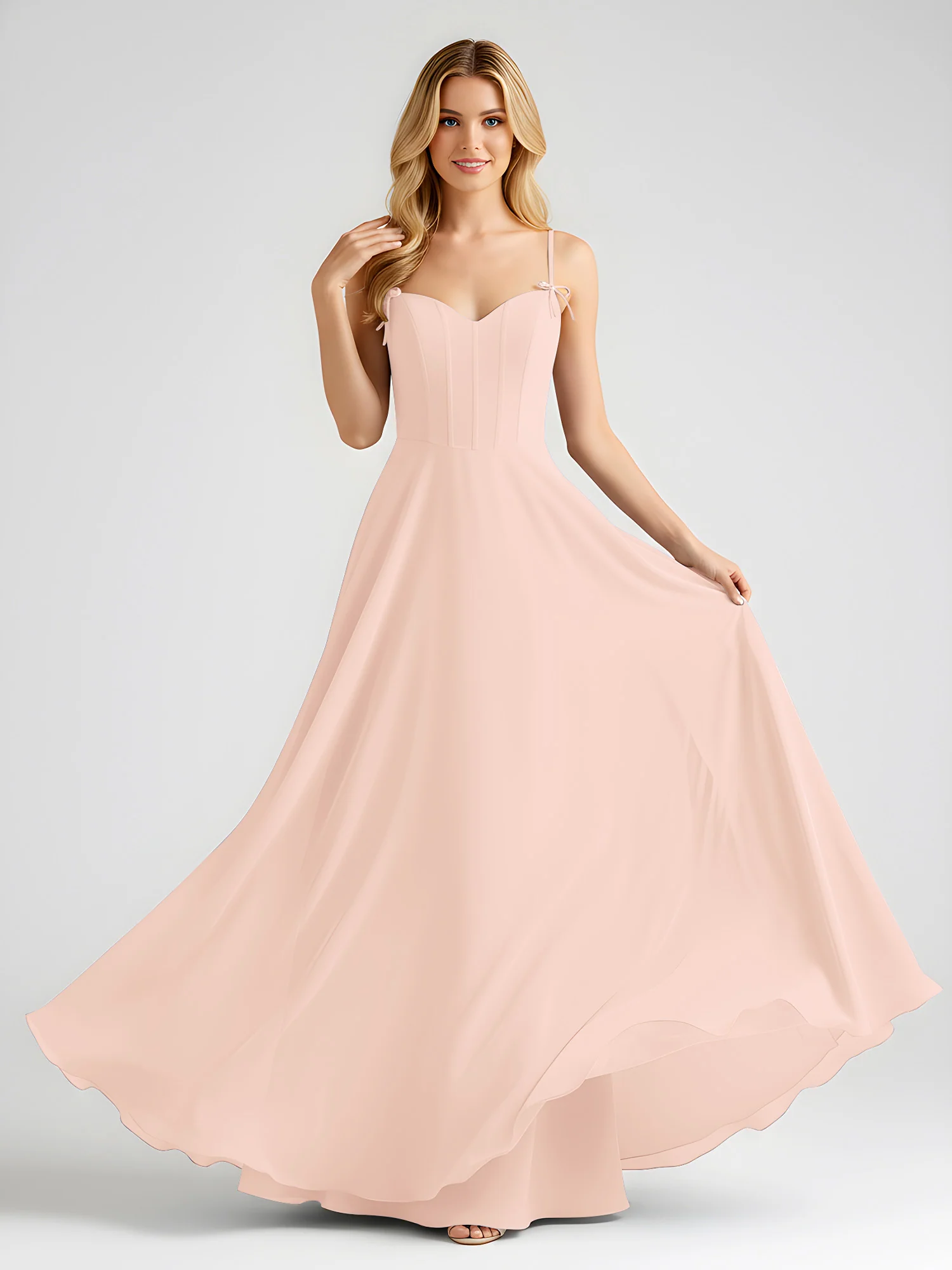 Spaghetti Strap A-Line Maxi with Bow Ties Pearl Pink - Image 3