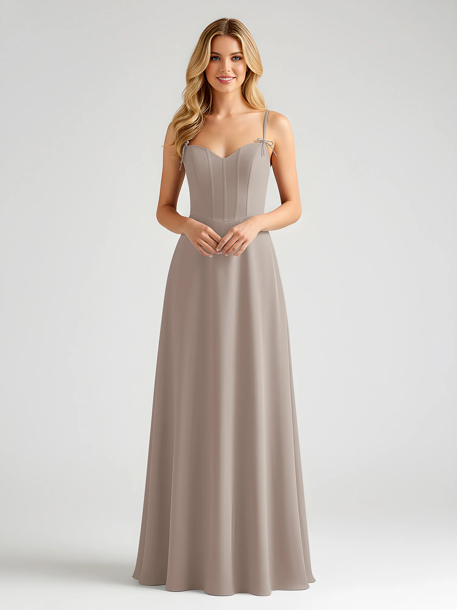 Spaghetti Strap A-Line Maxi with Bow Ties Taupe