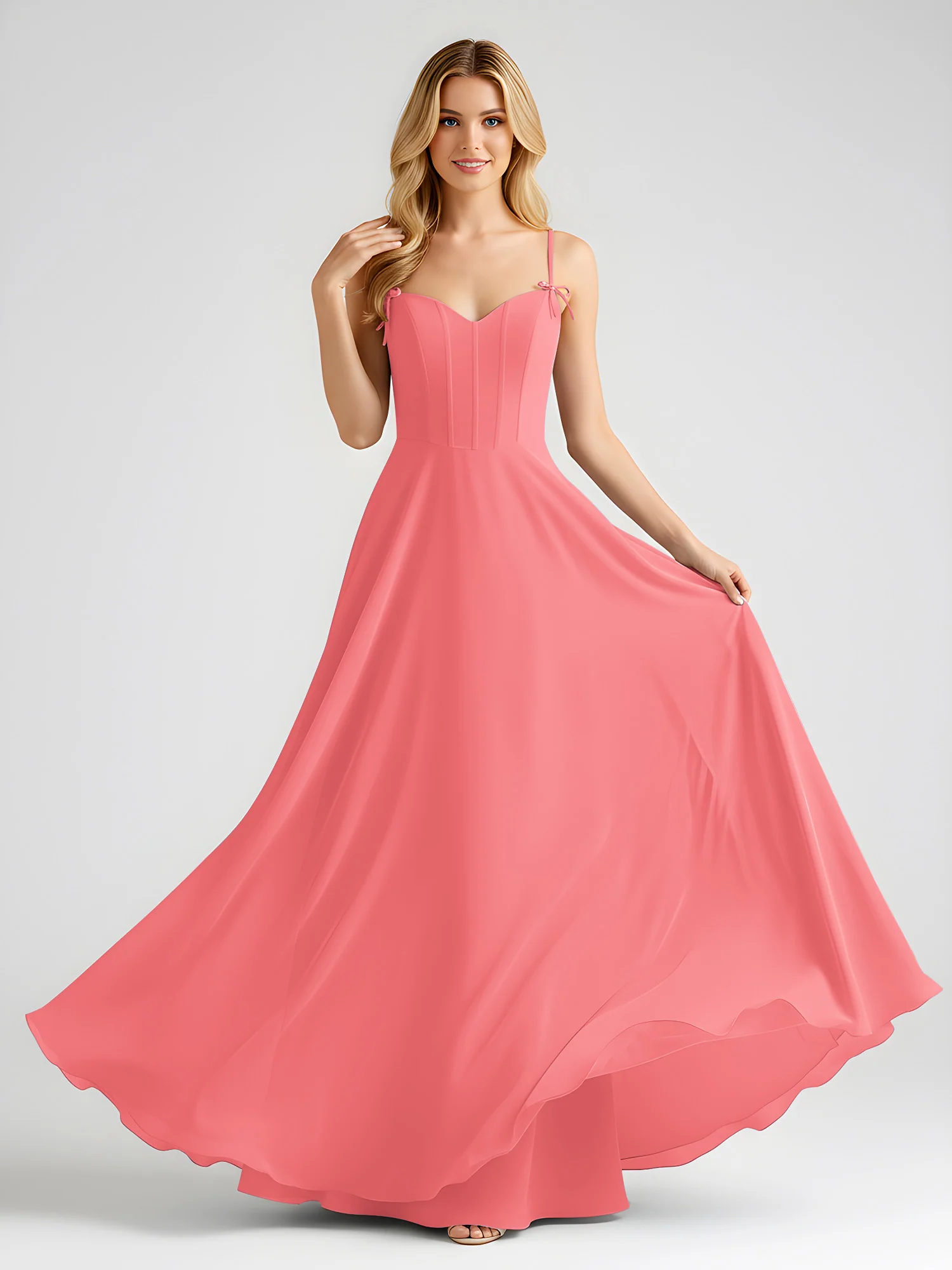 Spaghetti Strap A-Line Maxi with Bow Ties Watermelon - Image 3