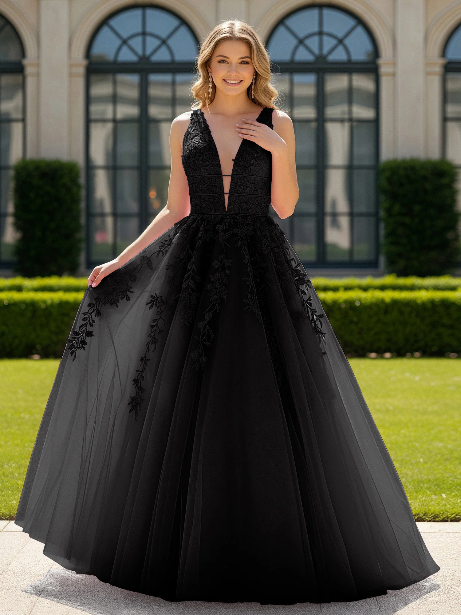 Appliqued Tulle Open Back Plunging V-Neck Prom Dress Black