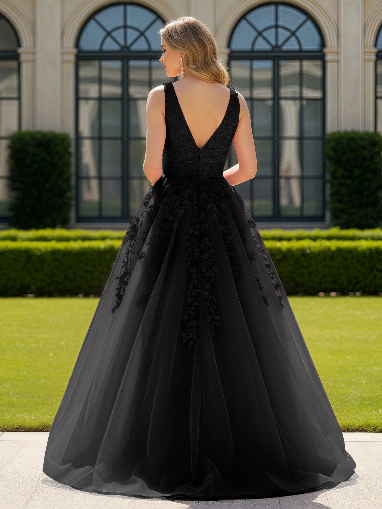 Appliqued Tulle Open Back Plunging V-Neck Prom Dress Black - Image 2