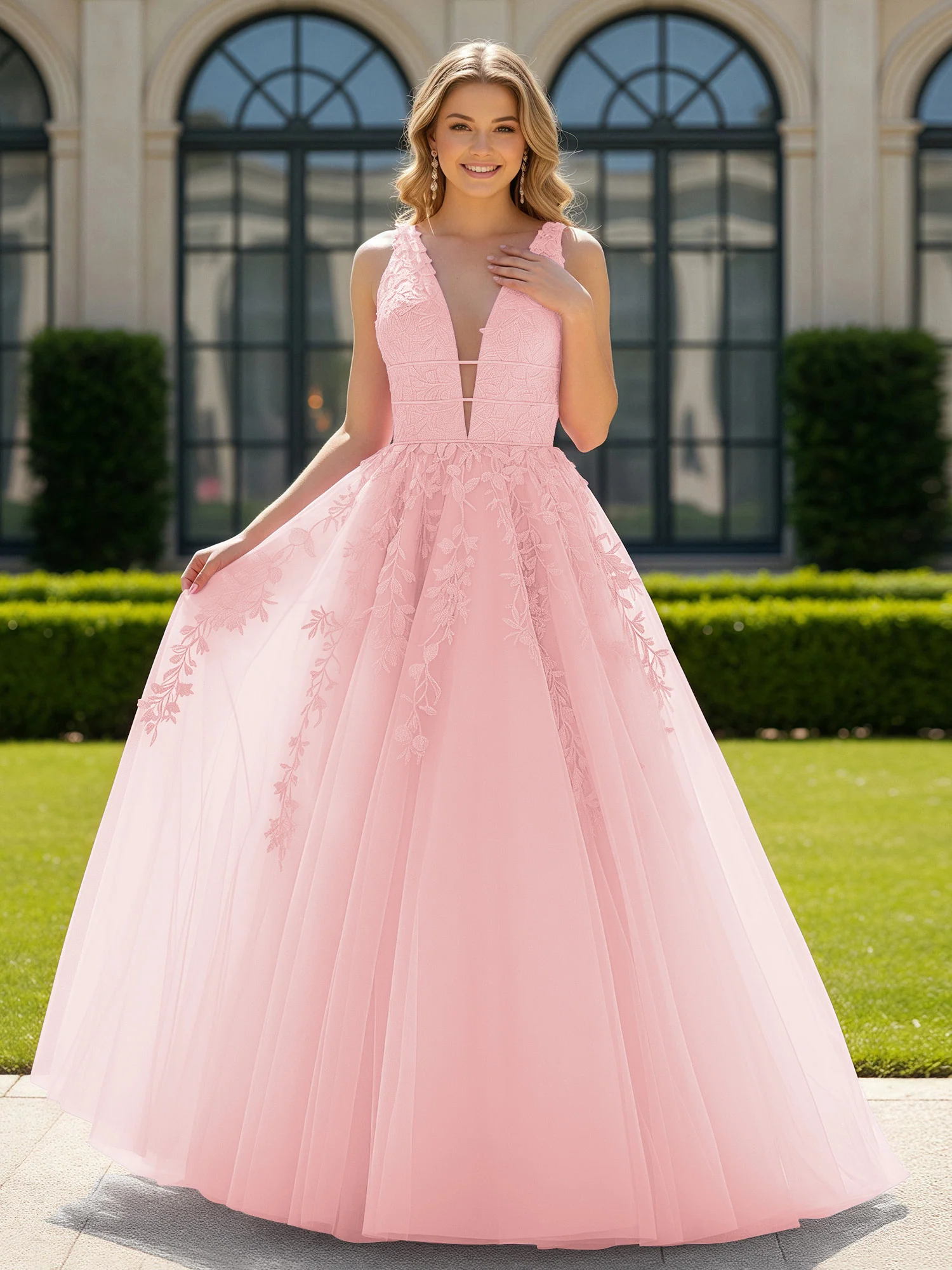 Appliqued Tulle Open Back Plunging V-Neck Prom Dress Blushing Pink
