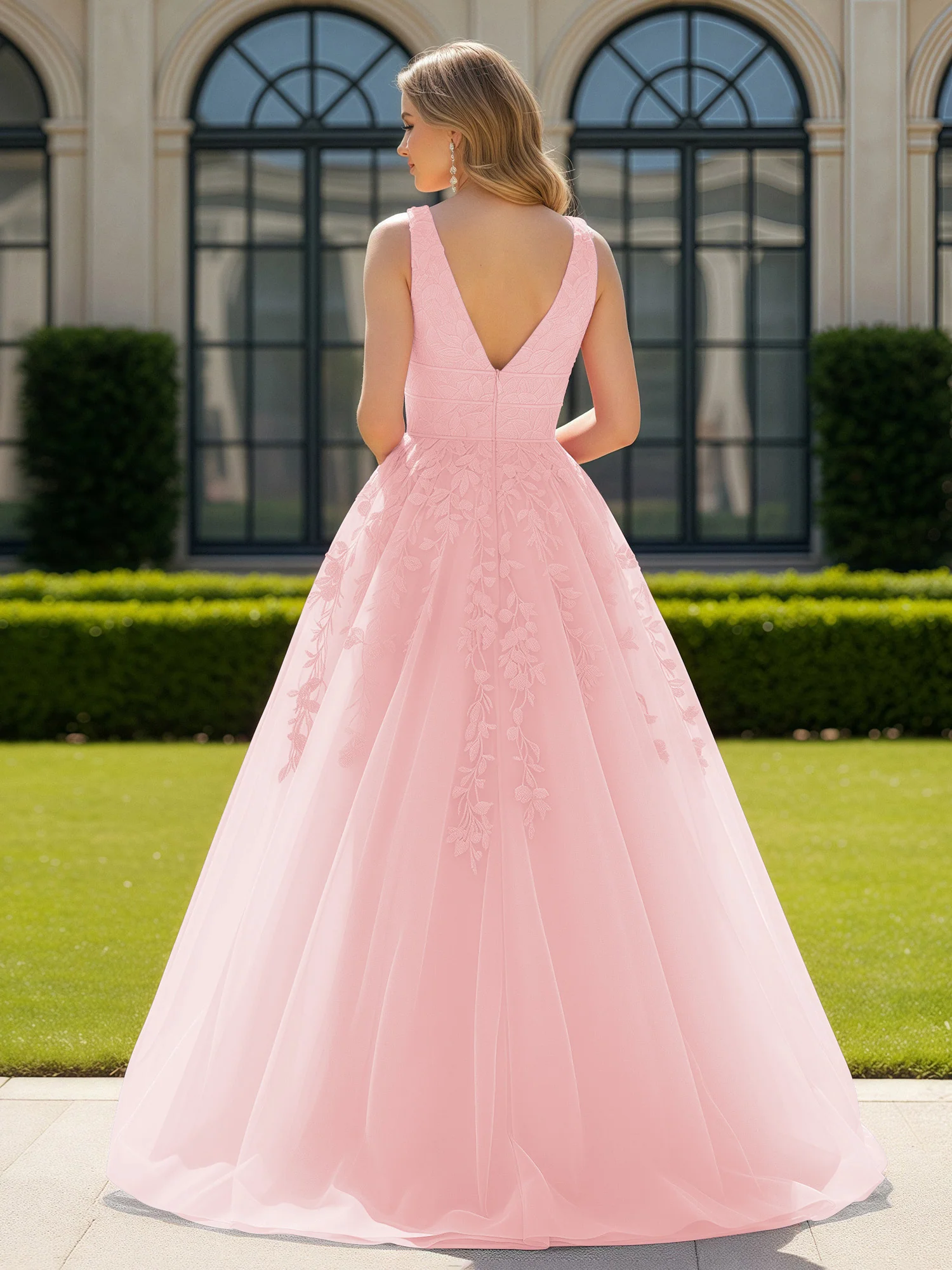 Appliqued Tulle Open Back Plunging V-Neck Prom Dress Blushing Pink - Image 2