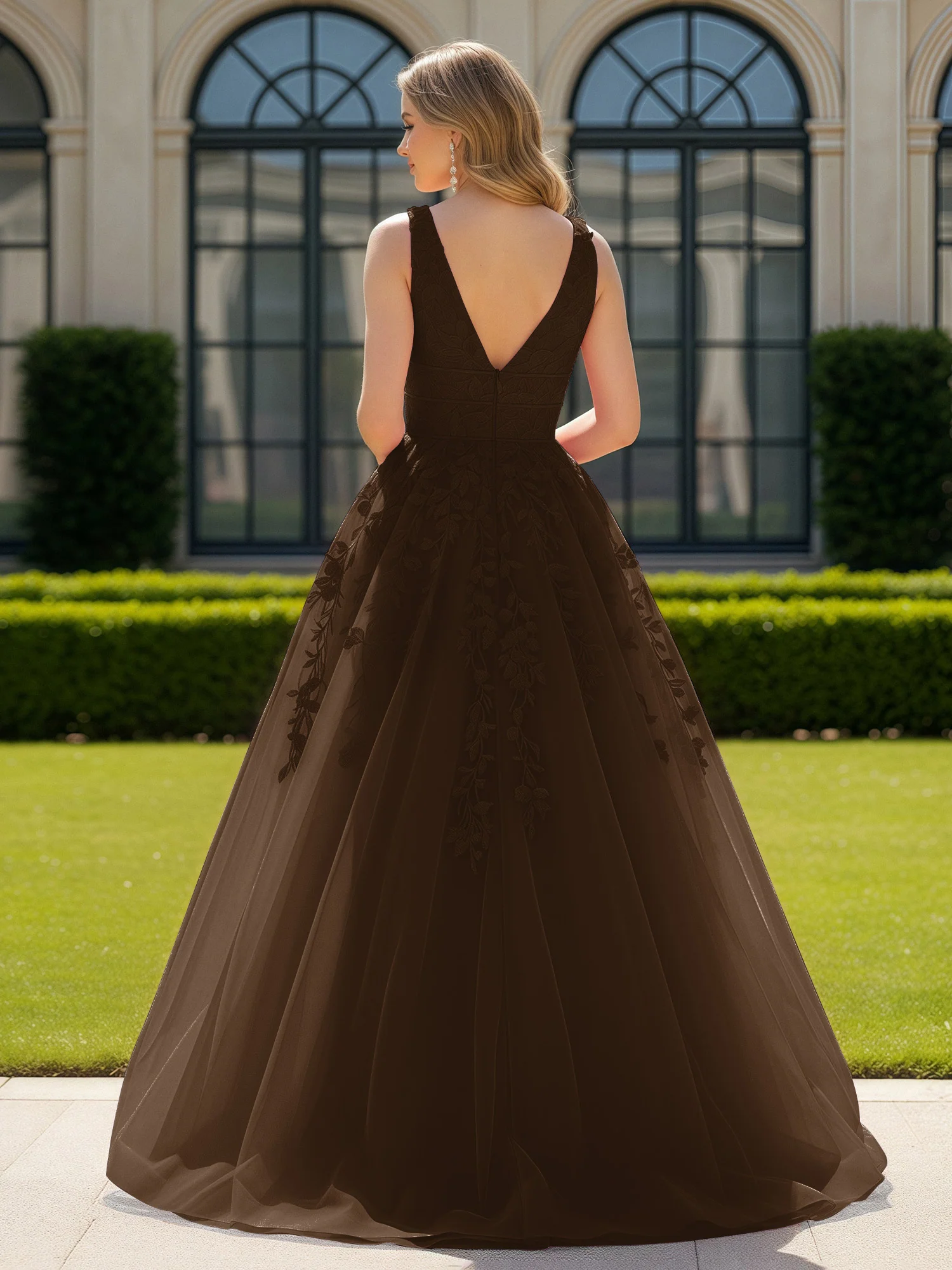 Appliqued Tulle Open Back Plunging V-Neck Prom Dress Brown - Image 2